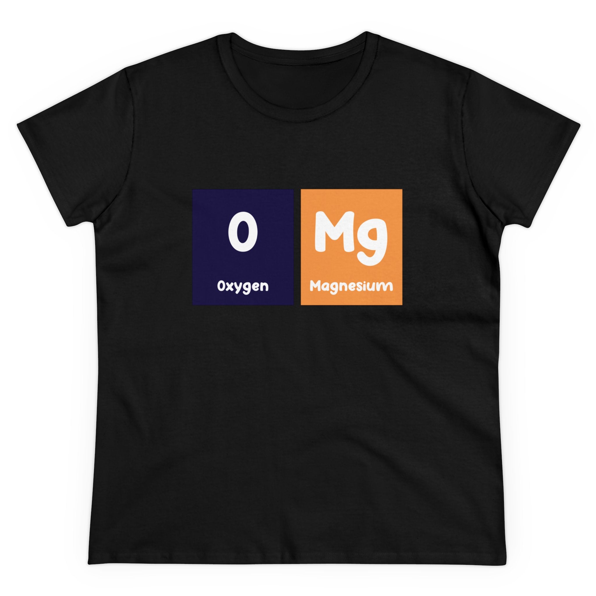 O-Mg - Women's Tee displaying the chemical symbols for Oxygen (O) and Magnesium (Mg), with their respective names underneath each symbol. This eco-friendly tee combines style and science seamlessly.