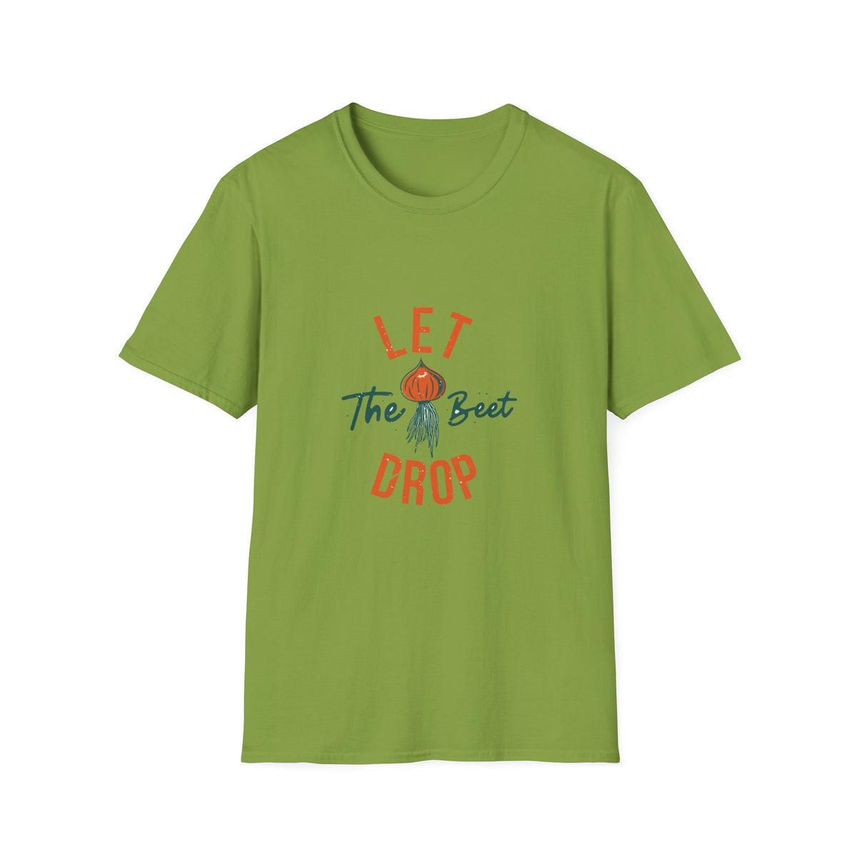 'Let the Beet Drop' funny beet pun t-shirt in kiwi green, gift for gardeners and foodies