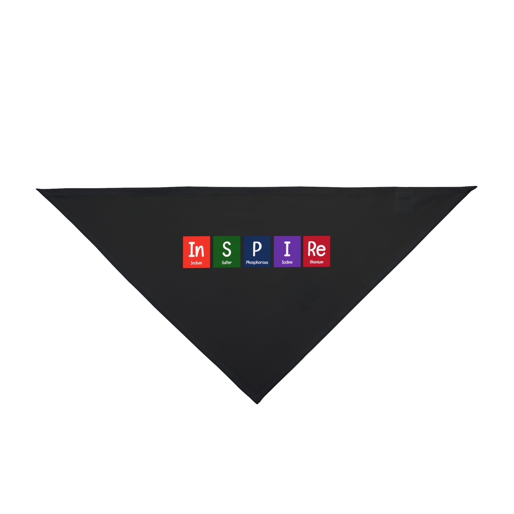 Black triangular In-S-P-I-Re - Pet Bandana with the word "INSPIRE" in colorful periodic table element styles, crafted from soft-spun polyester to elevate your pet's style.