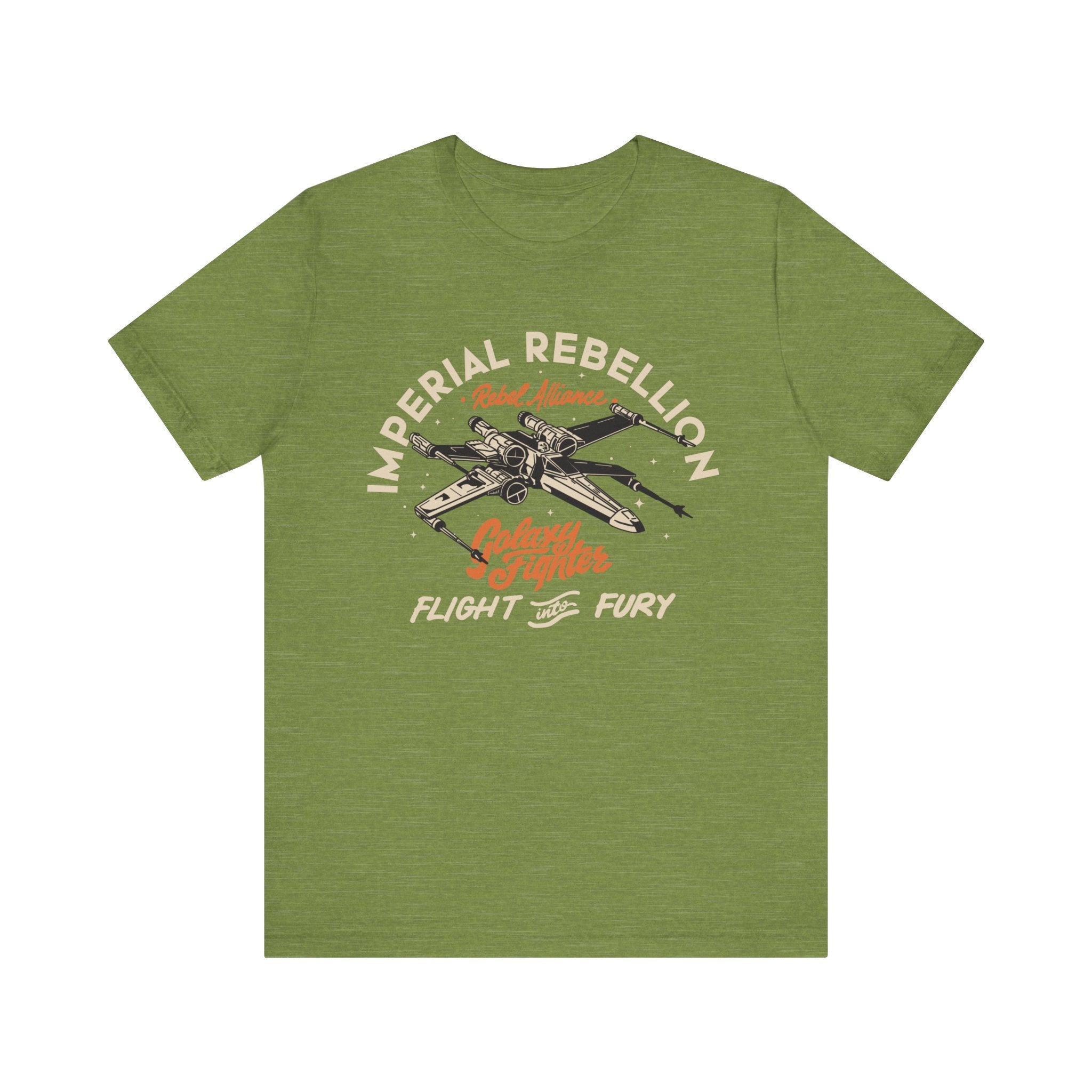 Olive green soft cotton Imperial Rebel T-Shirt with a graphic of vintage fighter planes and text that reads "Imperial Rebel T-Shirt, red hunter, pathway of fighter, flight fury," designed for a comfortable fit.