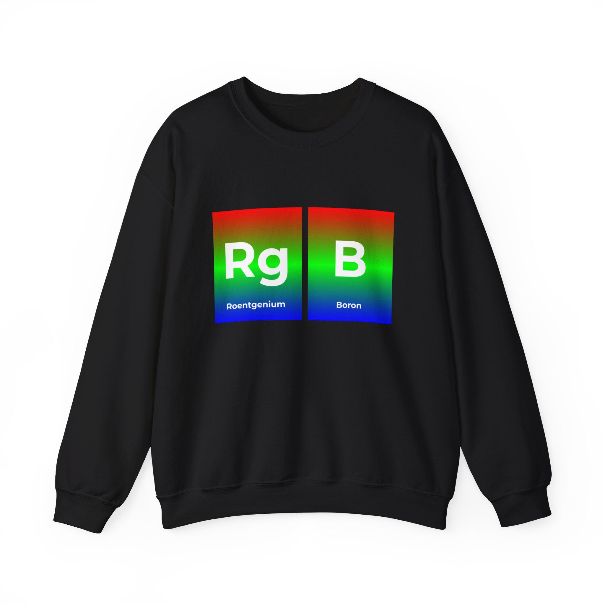 RG-B - Sweatshirt featuring periodic table elements "Rg" for Roentgenium and "B" for Boron in red, green, and blue gradient squares on the front, perfect for comfort lovers.