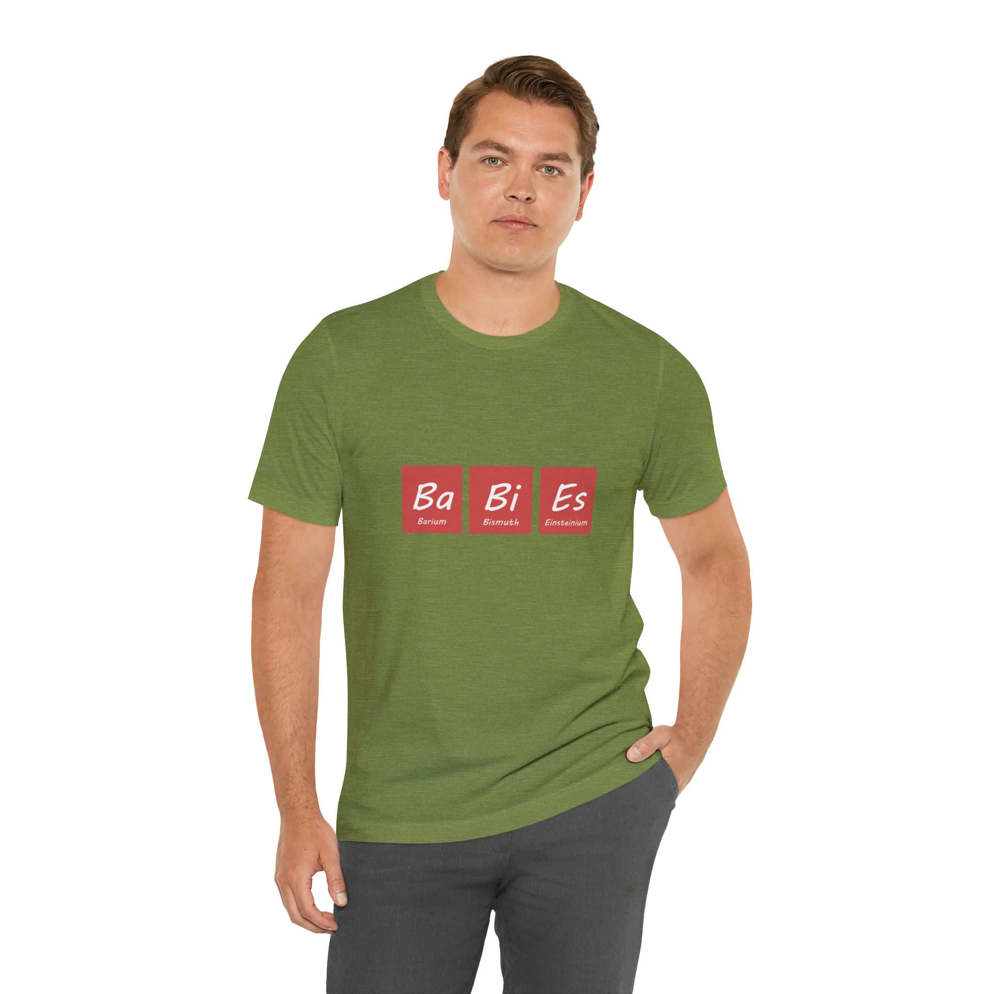 A man wearing a Ba - Bi - Es T-Shirt with unique color combinations, featuring red and green squares.