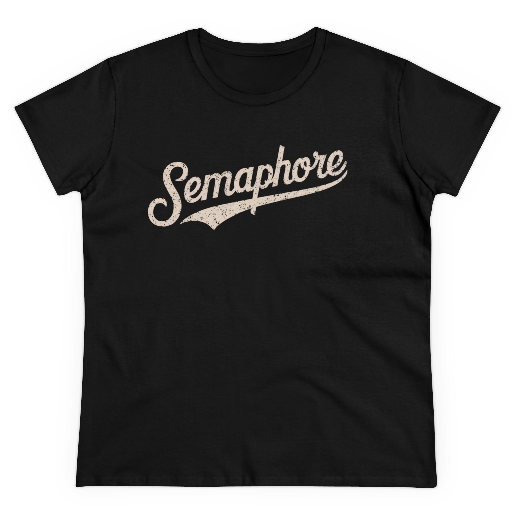 The Semaphore - Women's Tee is a black t-shirt featuring the word "Semaphore" written in a vintage script font across the chest, with a contoured fit that offers both comfort and style.
