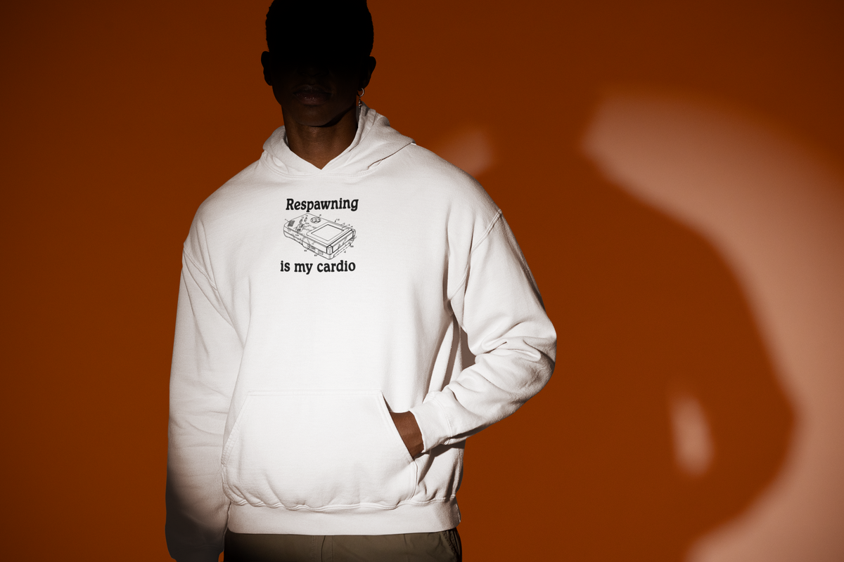 'Respawning is My Cardio Hoodie' in white, man under a spotlight, Hoodie mockup, Geekpsters