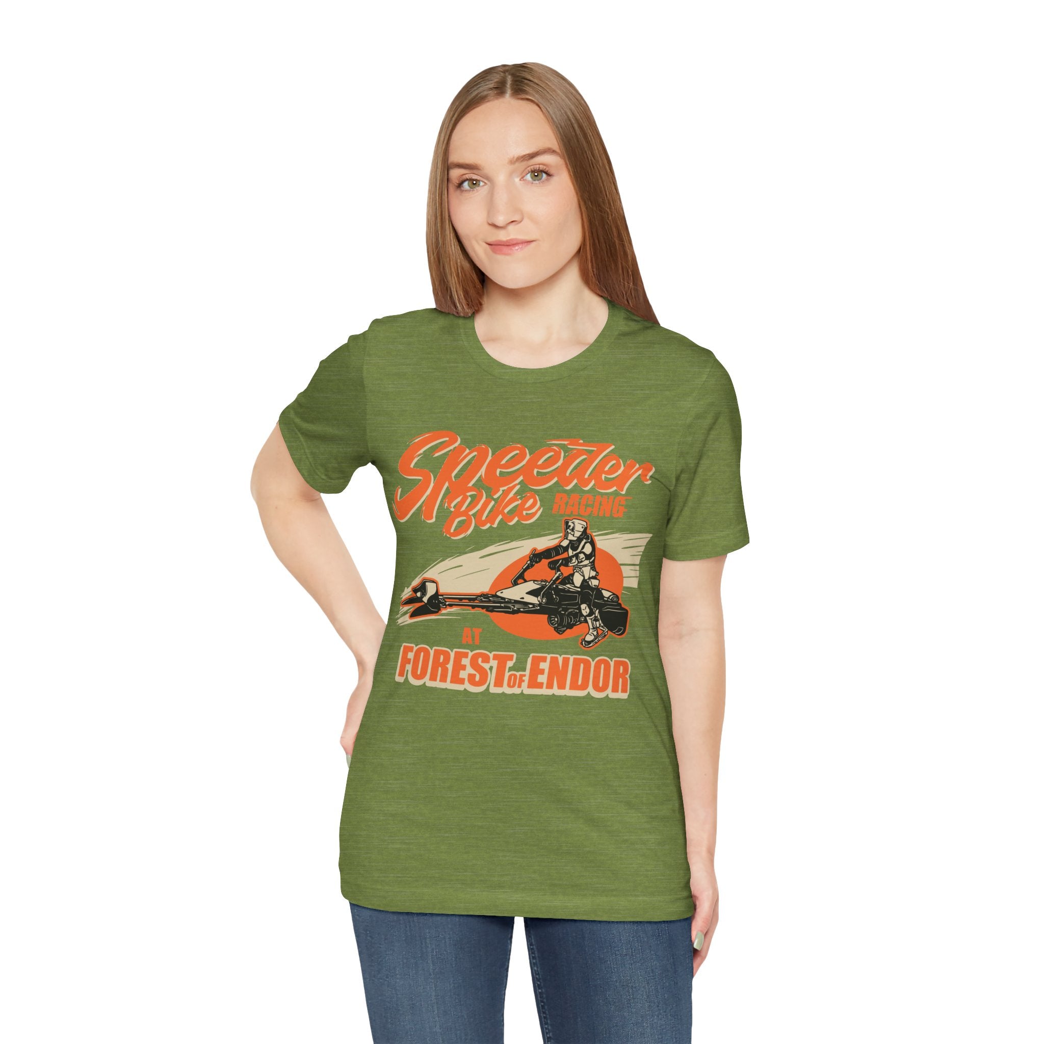 Woman wearing a green jersey tee with a Speeder Bike Racing graphic design.