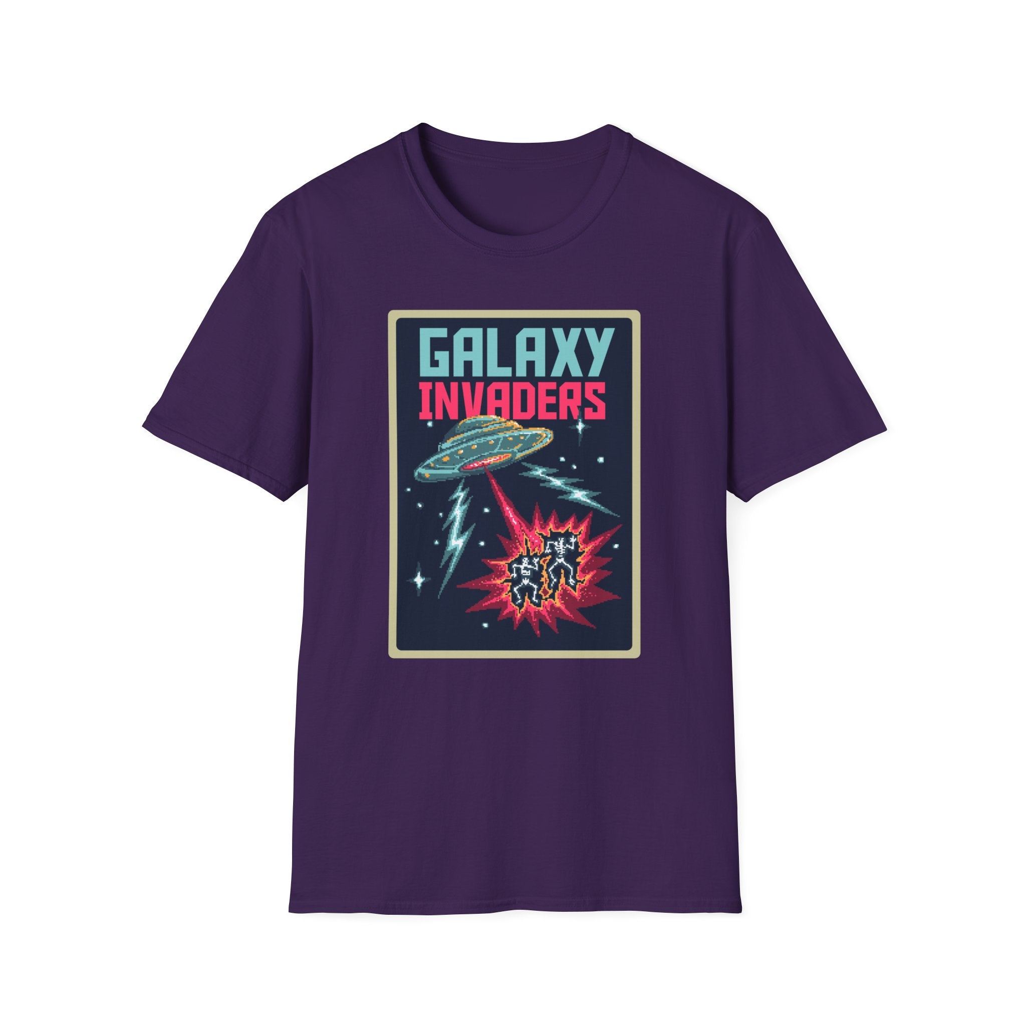 Vintage-style Pixel Galaxy Invaders T-Shirt in purple, showcasing a pixelated spaceship and aliens highlighted in blue, pink, and red.