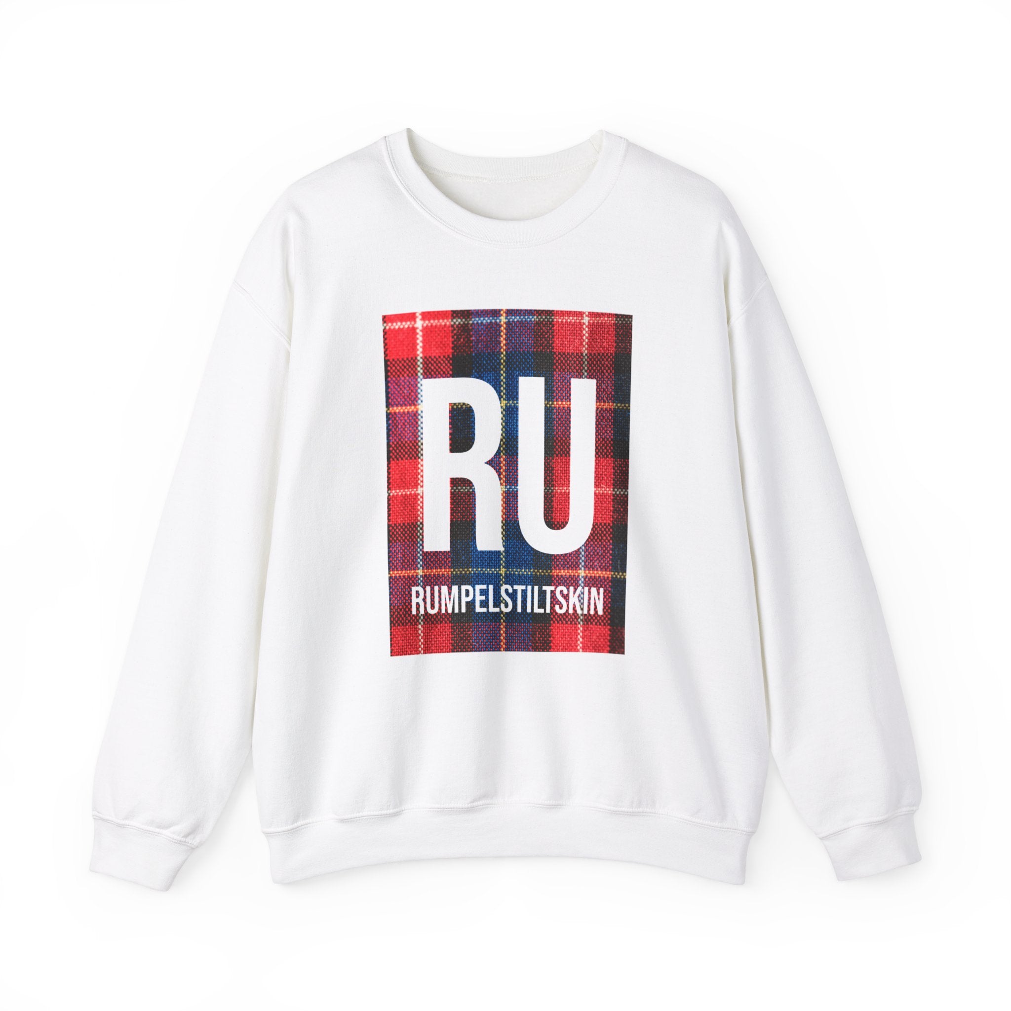 A cozy white RU - Sweatshirt perfect for the colder months, featuring a large red, blue, and purple plaid rectangle on the front with the letters "RU" and the word "Rumpelstiltskin" below it. This design sweatshirt seamlessly blends comfort with style.
