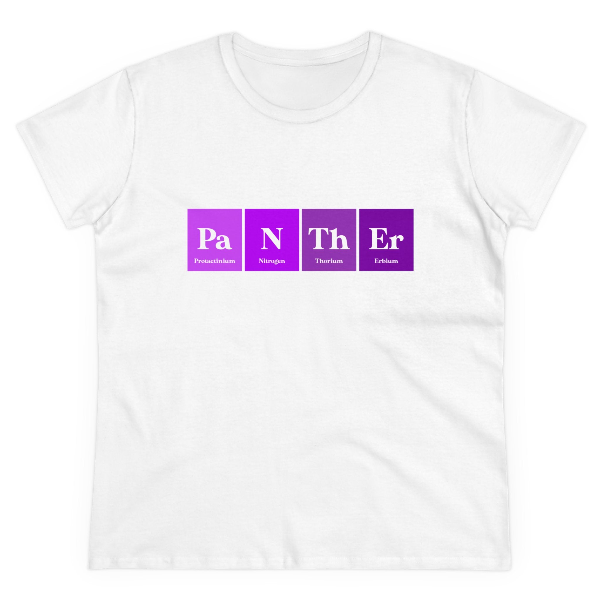 Experience ultimate comfort with this white Pa-N-Th-Er - Women's Tee, featuring a unique design that spells out "Panther" using elements from the periodic table: Protactinium (Pa), Nitrogen (N), Thorium (Th), and Erbium (Er) in stylish shades of purple.