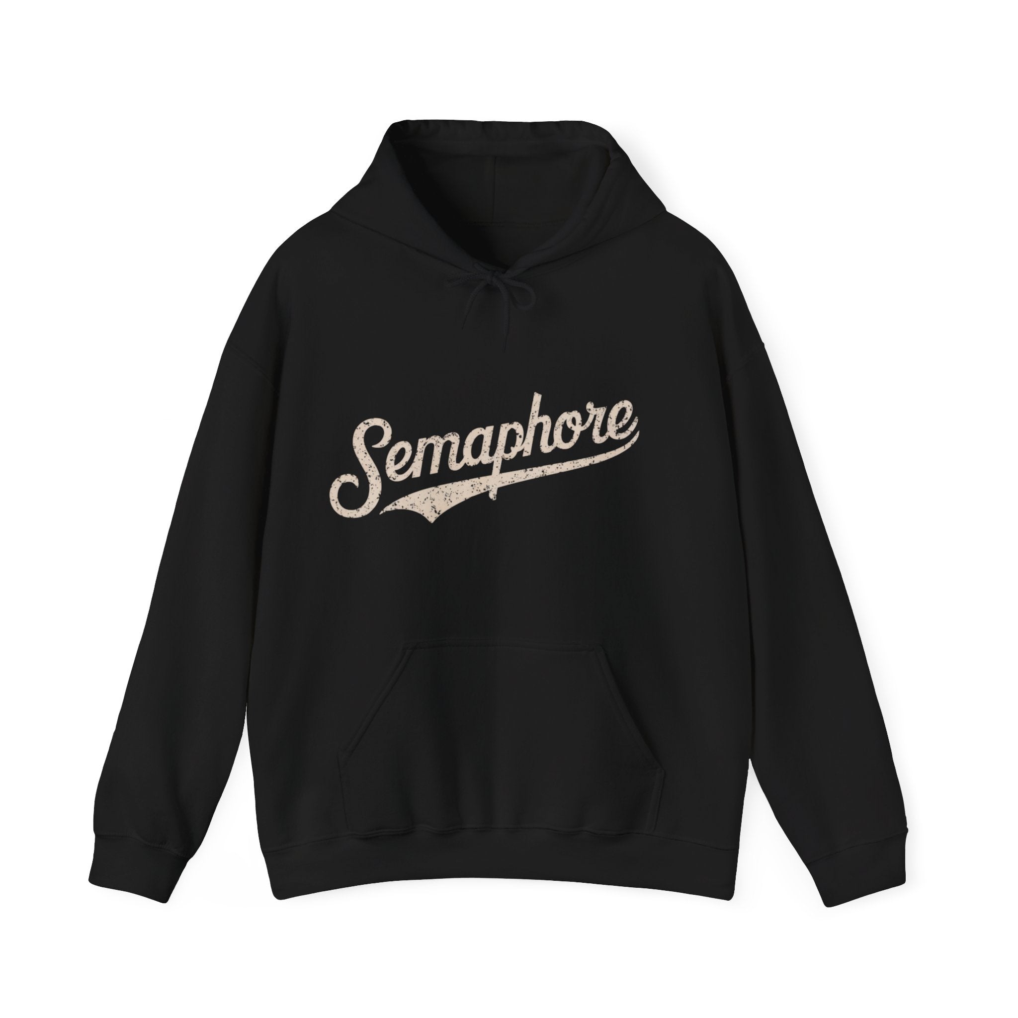 The Semaphore - Hooded Sweatshirt is a cozy classic fit black pullover with a drawstring hood and front pocket. "Semaphore" is elegantly printed in white cursive script across the chest, blending style and comfort seamlessly.
