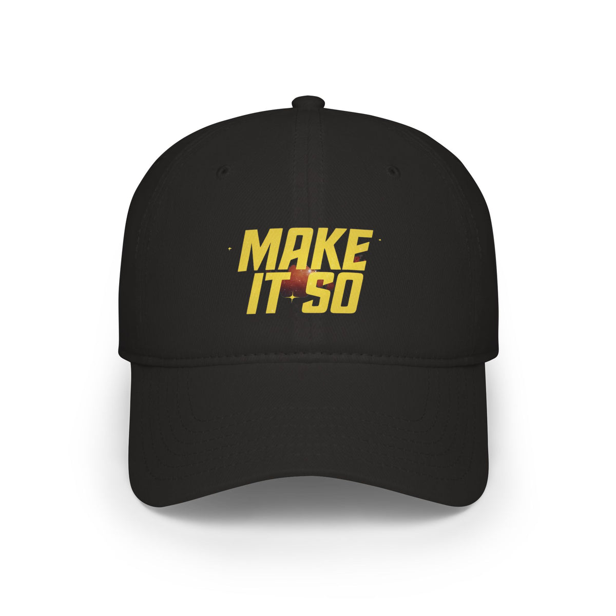 'Make It So' embroidered dad hat in black with yellow text, front view, Star Trek fan gift