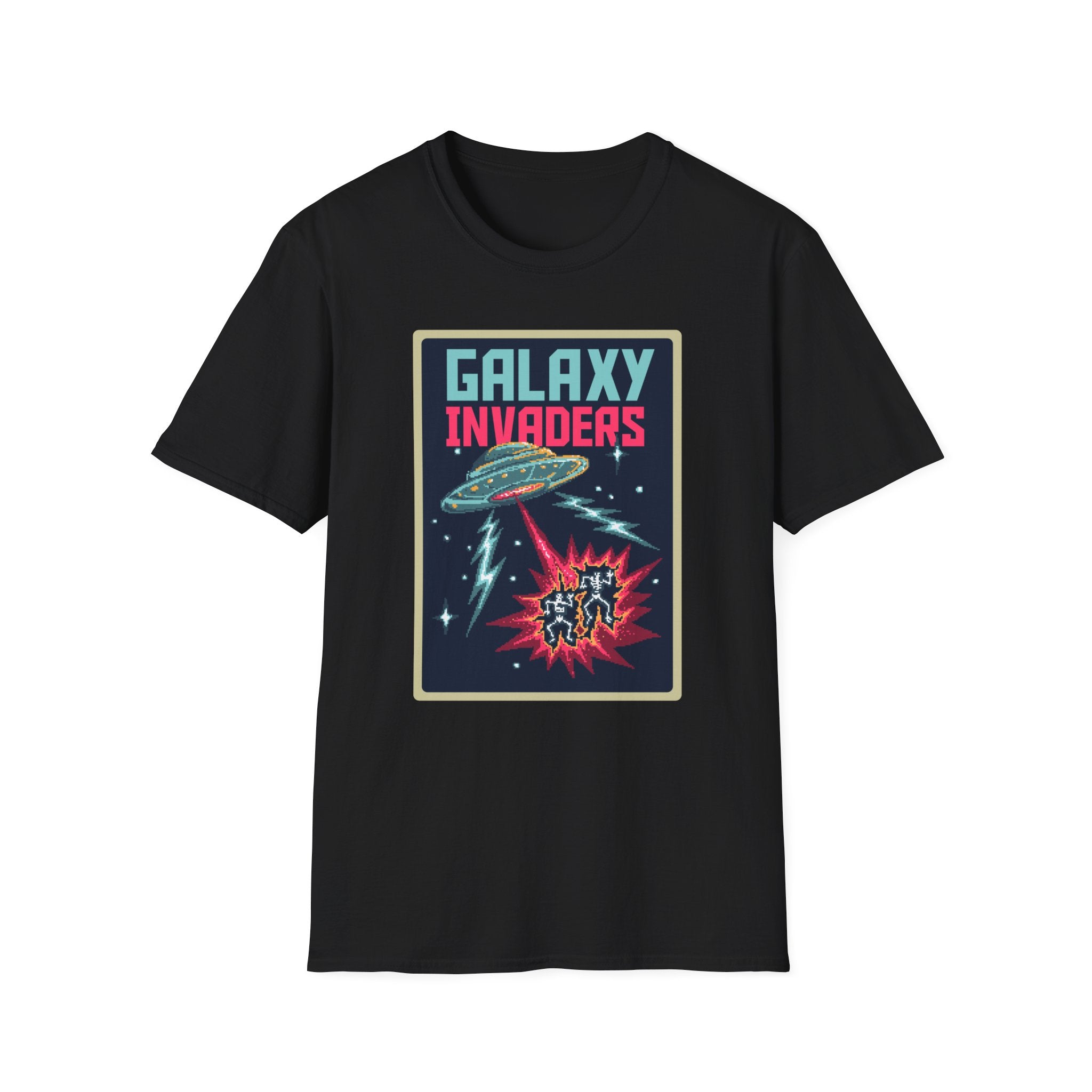 Black t-shirt featuring a graphic design of a pixelated spaceship and the bold text "Pixel Galaxy invaders," with a burst of light beneath the UFO, encapsulating the spirit of an intergalactic explorer.