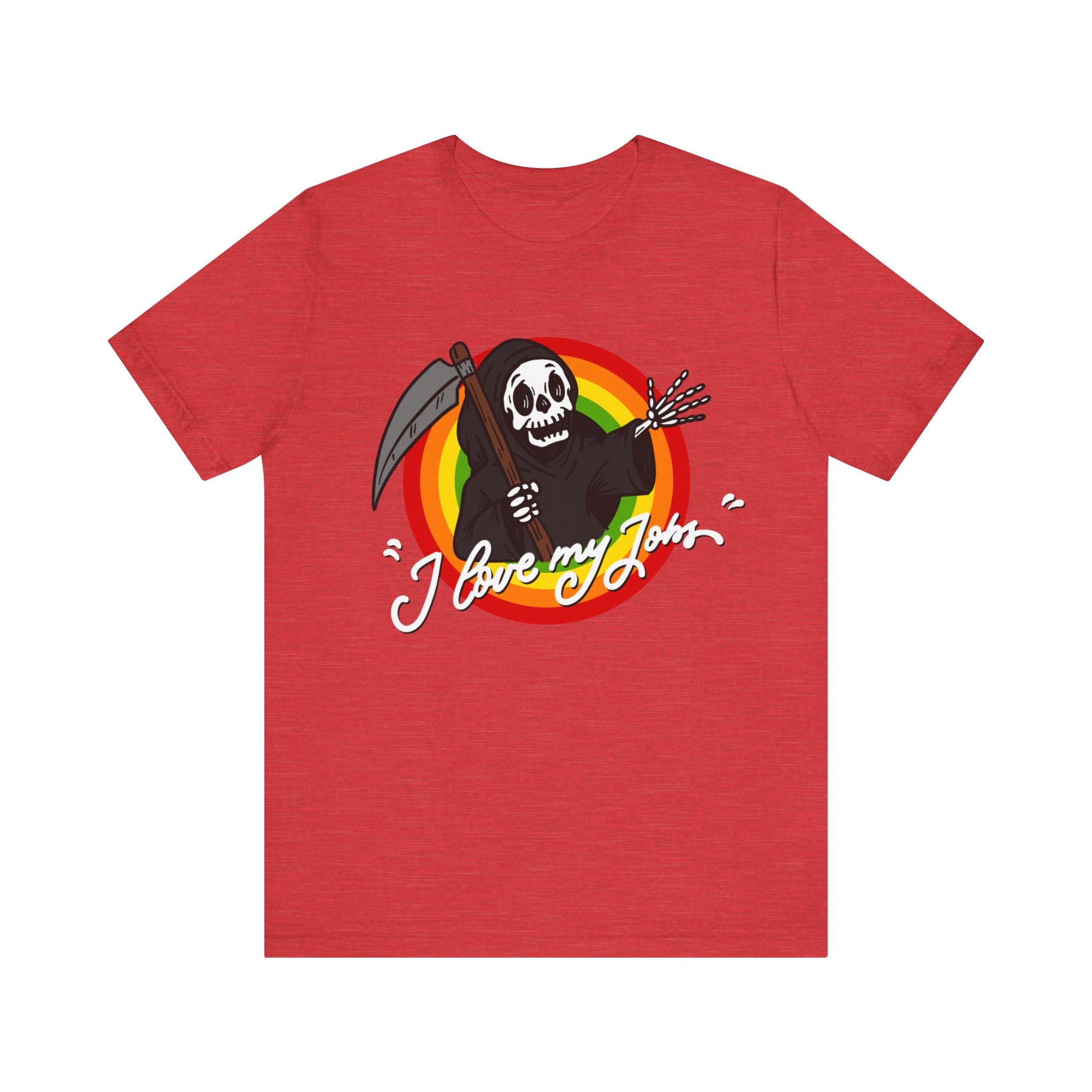 Red Love My Jobs T-shirt made of soft cotton, featuring a graphic of a smiling skeleton holding a scythe and a pencil, with the phrase "Love My Job" in playful script.
