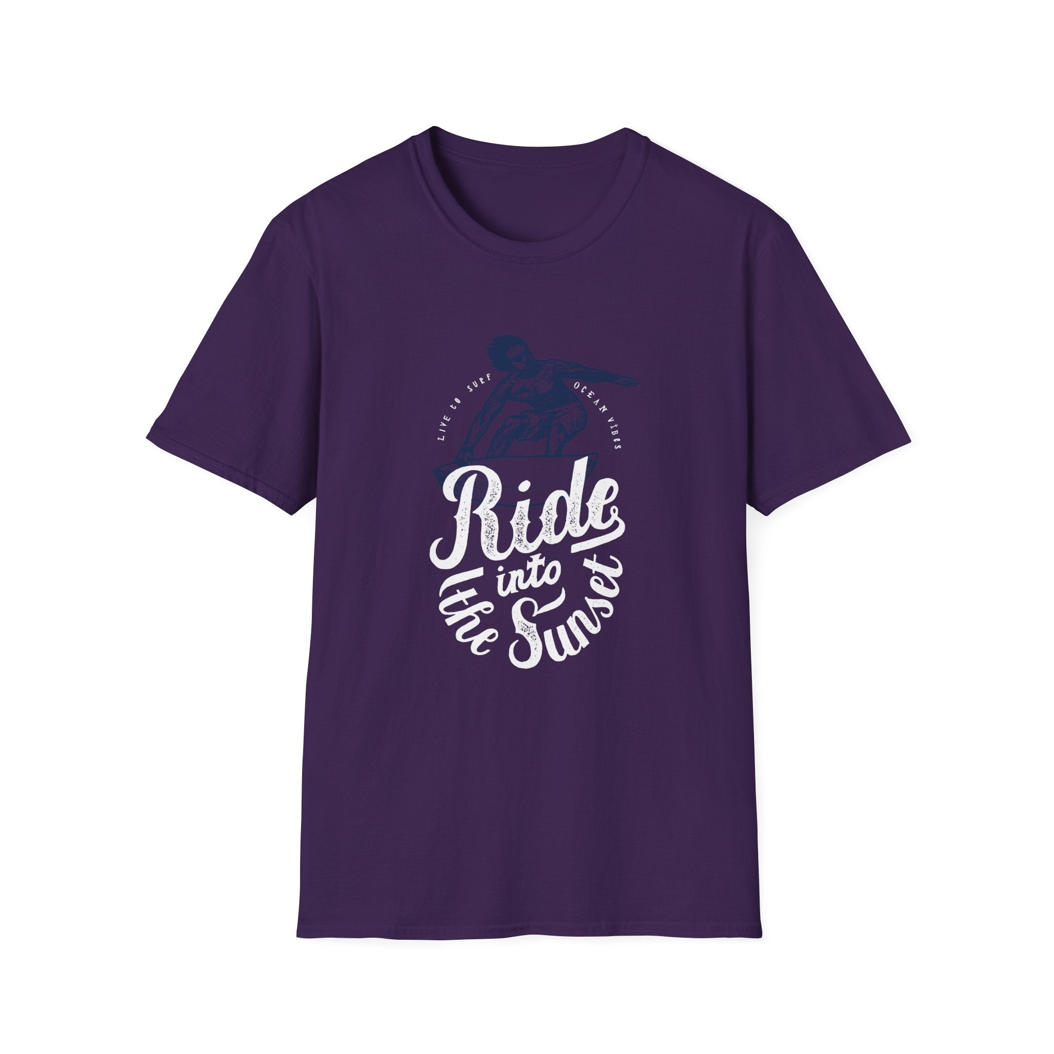 The Ride Into the Sun T-Shirt boasts a stylish look with its purple fabric and the phrase "Ride into the Sunset" in white. A silhouetted figure on a bicycle enhances this sunny yellow crewneck, making it ideal for adventurous, bright days.