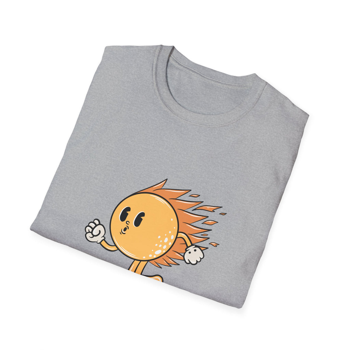 Hot Sun Cartoon skateboarding t-shirt in sport grey, folded flat lay showing print, funny gift