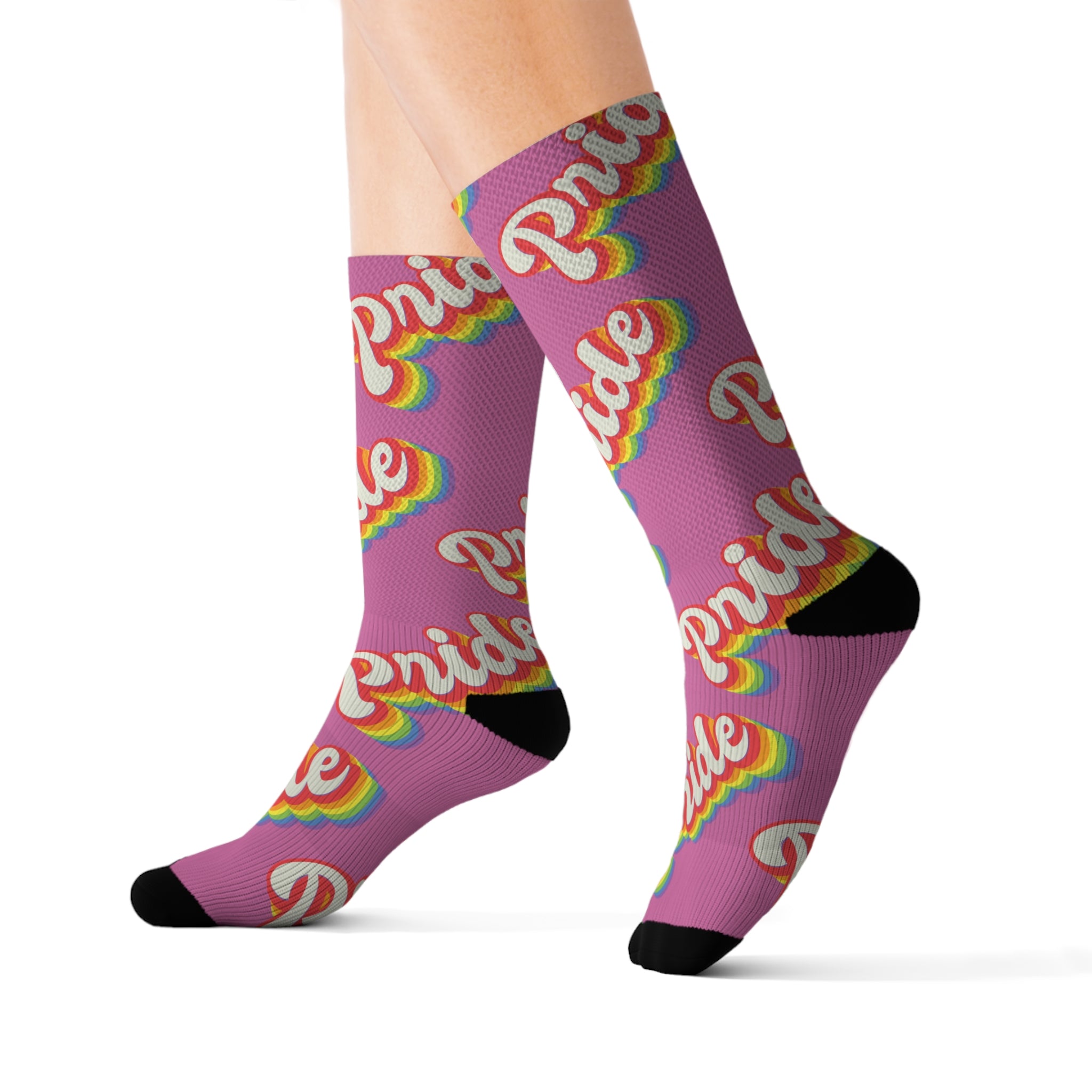 A woman showcasing her pride with a Pride Socks sublimated print on her comfortable socks.