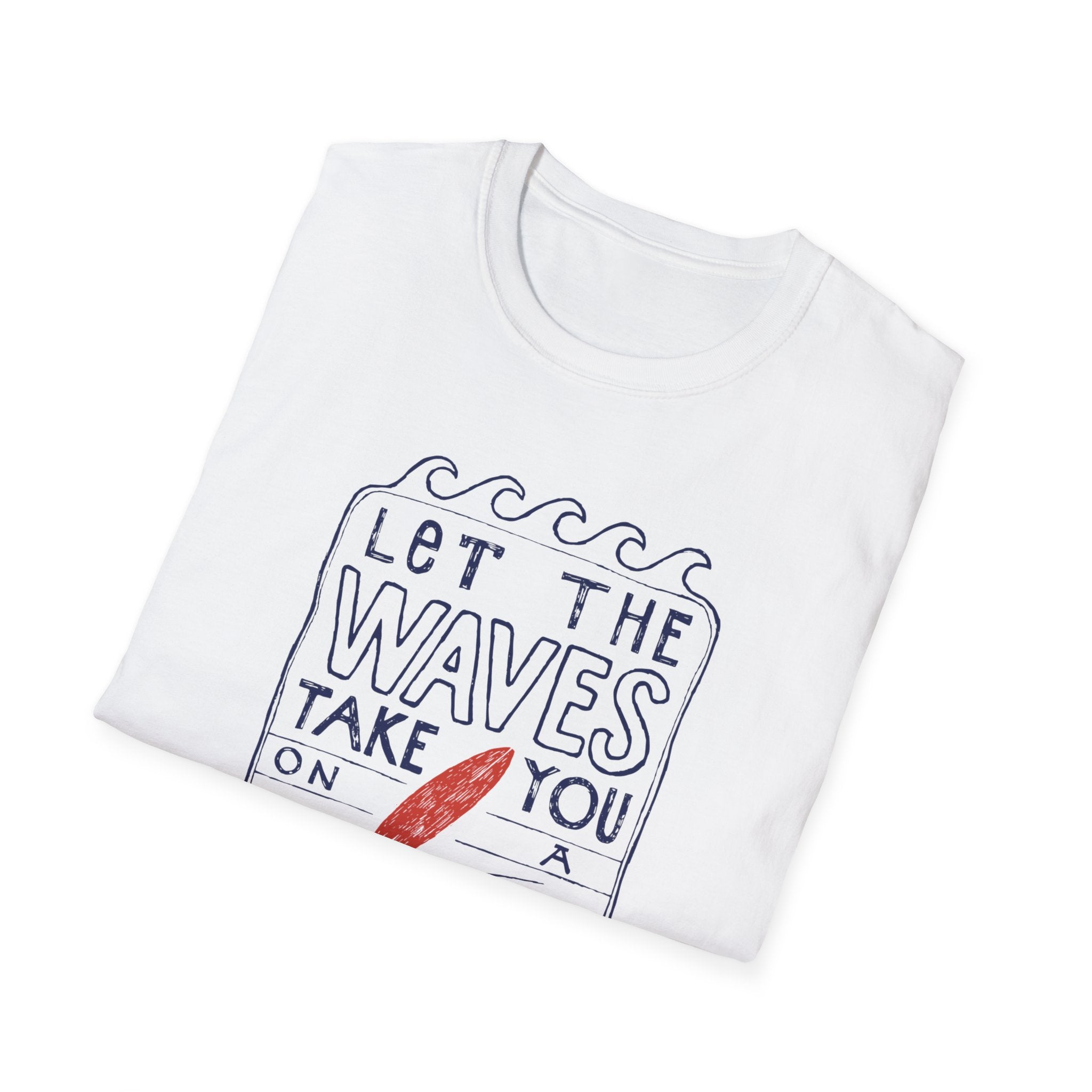 Product: Let the Waves Take You On a Journey T-Shirt - A stylish white folded T-shirt featuring waves and the text "Let the waves take you on a journey of self-discovery" in blue, complete with a red surfboard illustration.