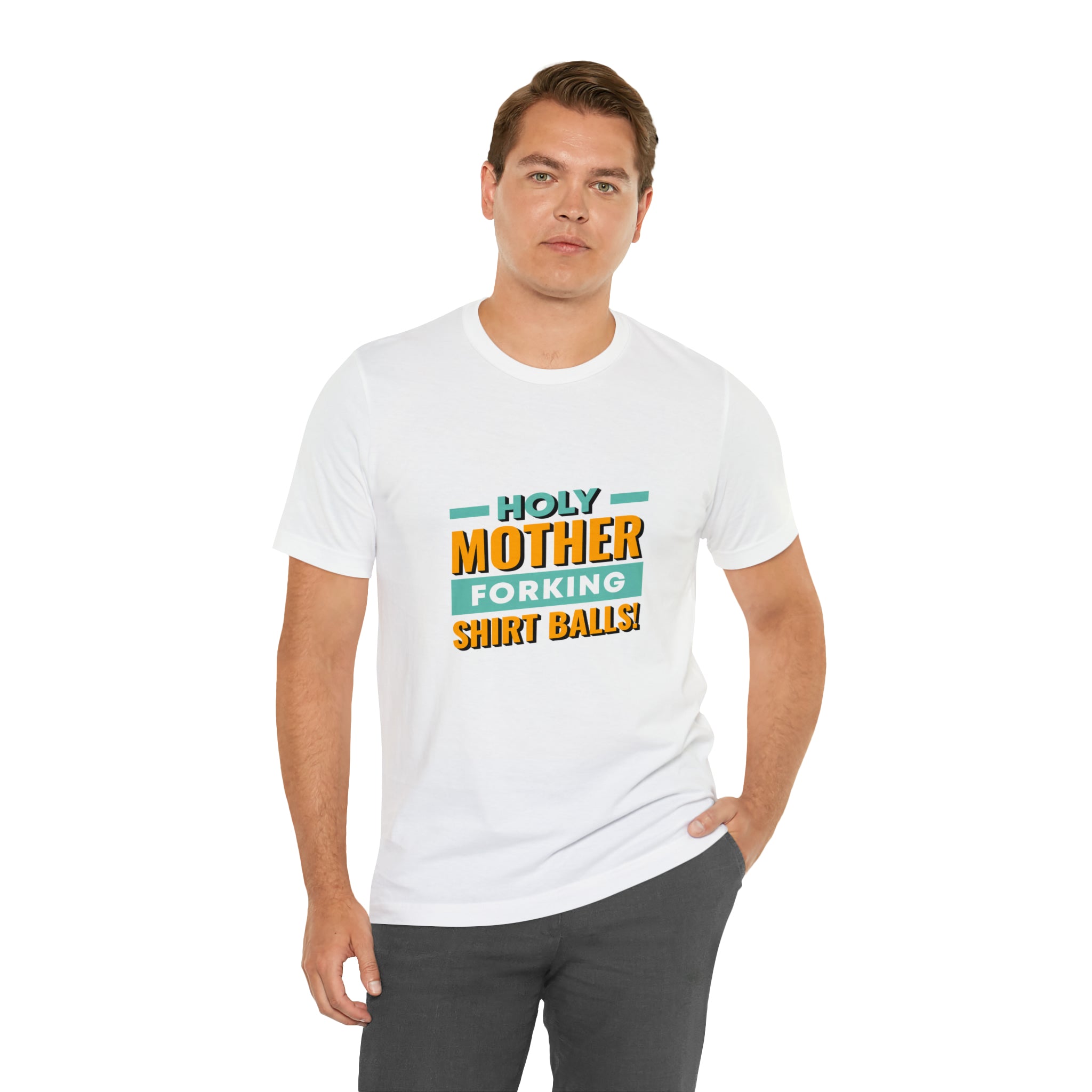 A man wearing a white t-shirt with the words 'my mother is sydney ballz' printed on it was seen. The t-shirt was a Holy mother T-Shirt by Printify.
