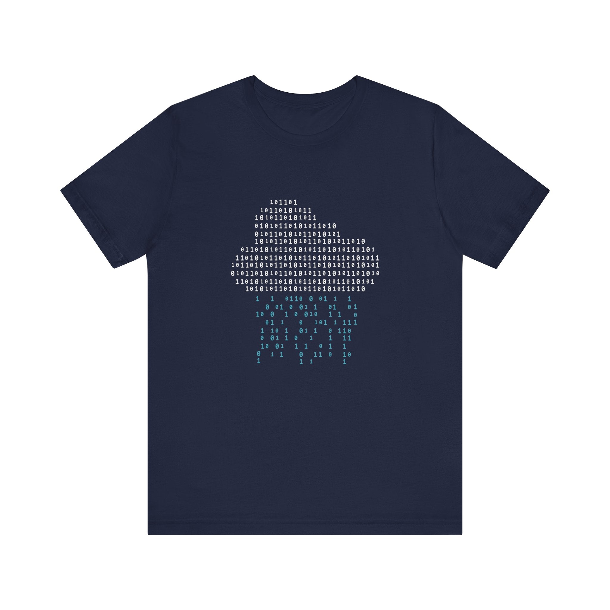 Navy blue Binary Rain Cloud - T-Shirt with a cloud made of binary code and binary rain printed on the front, crafted from Airlume combed, ring-spun cotton. Perfect for tech enthusiasts who appreciate style and comfort.