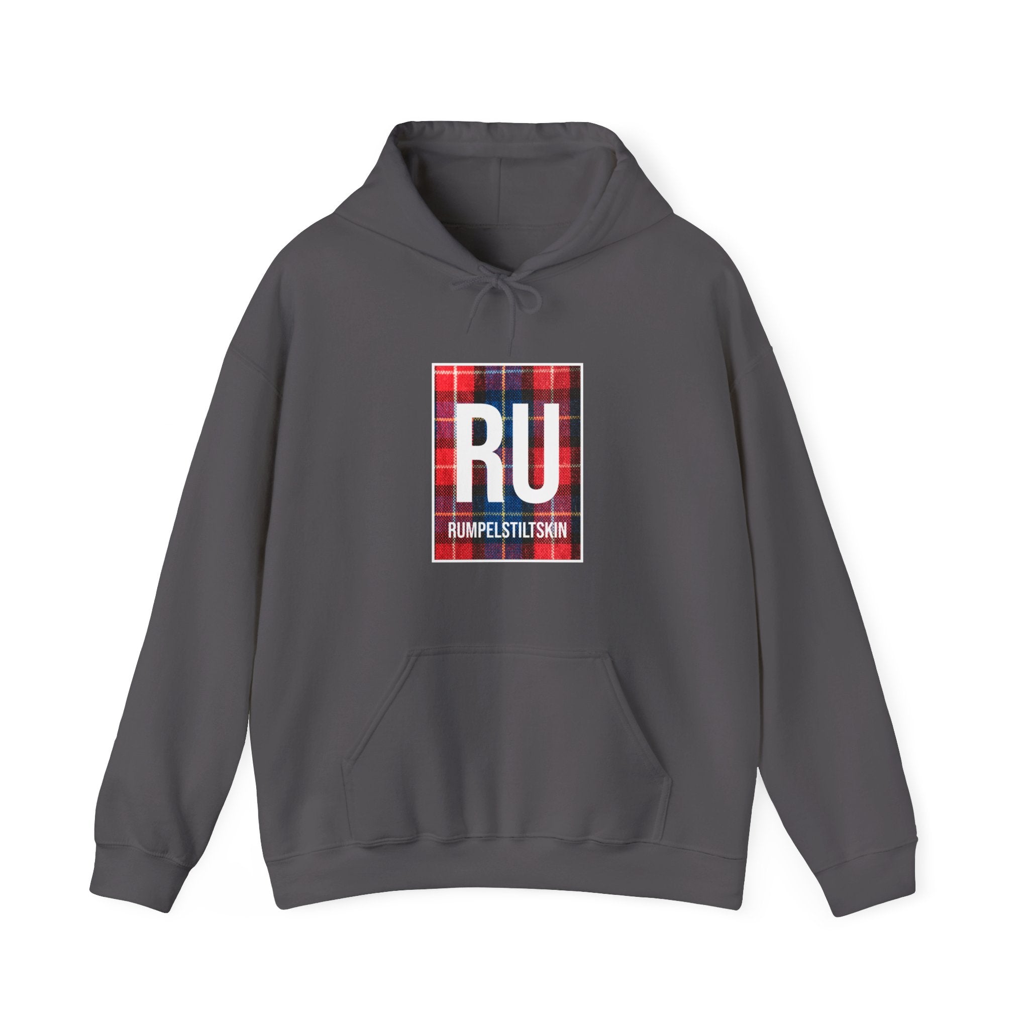Experience ultimate comfort and style with this charcoal gray RU - Hooded Sweatshirt, featuring a front pouch and a red plaid graphic that reads "RU Rumpelstiltskin" on the chest.