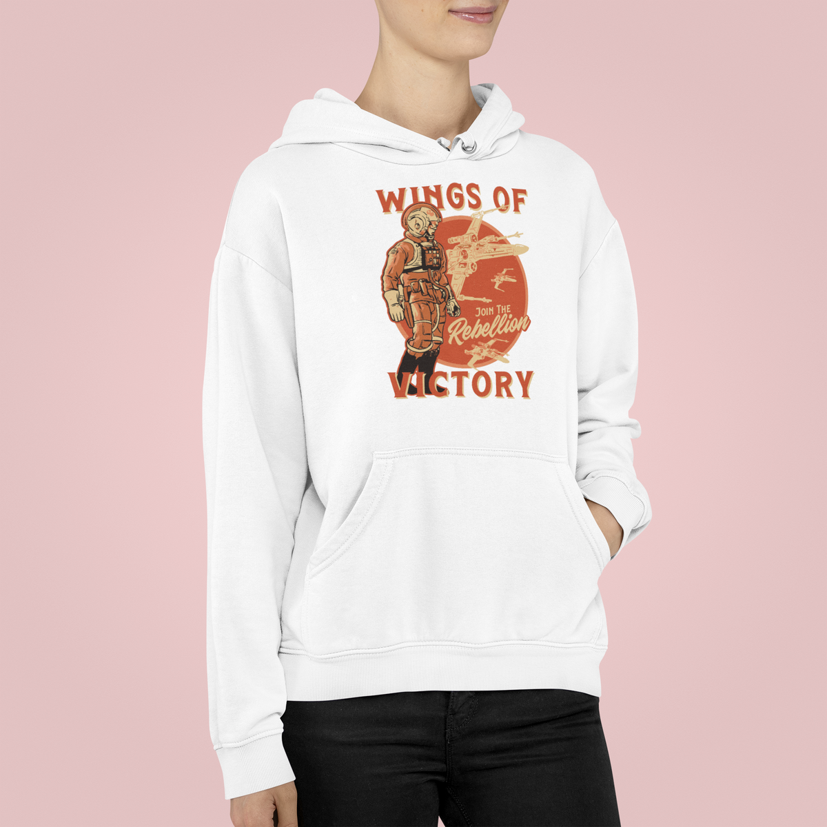 Wings of Victory Hoodie in white, woman wearing it, warrior graphic pullover hoodie gift