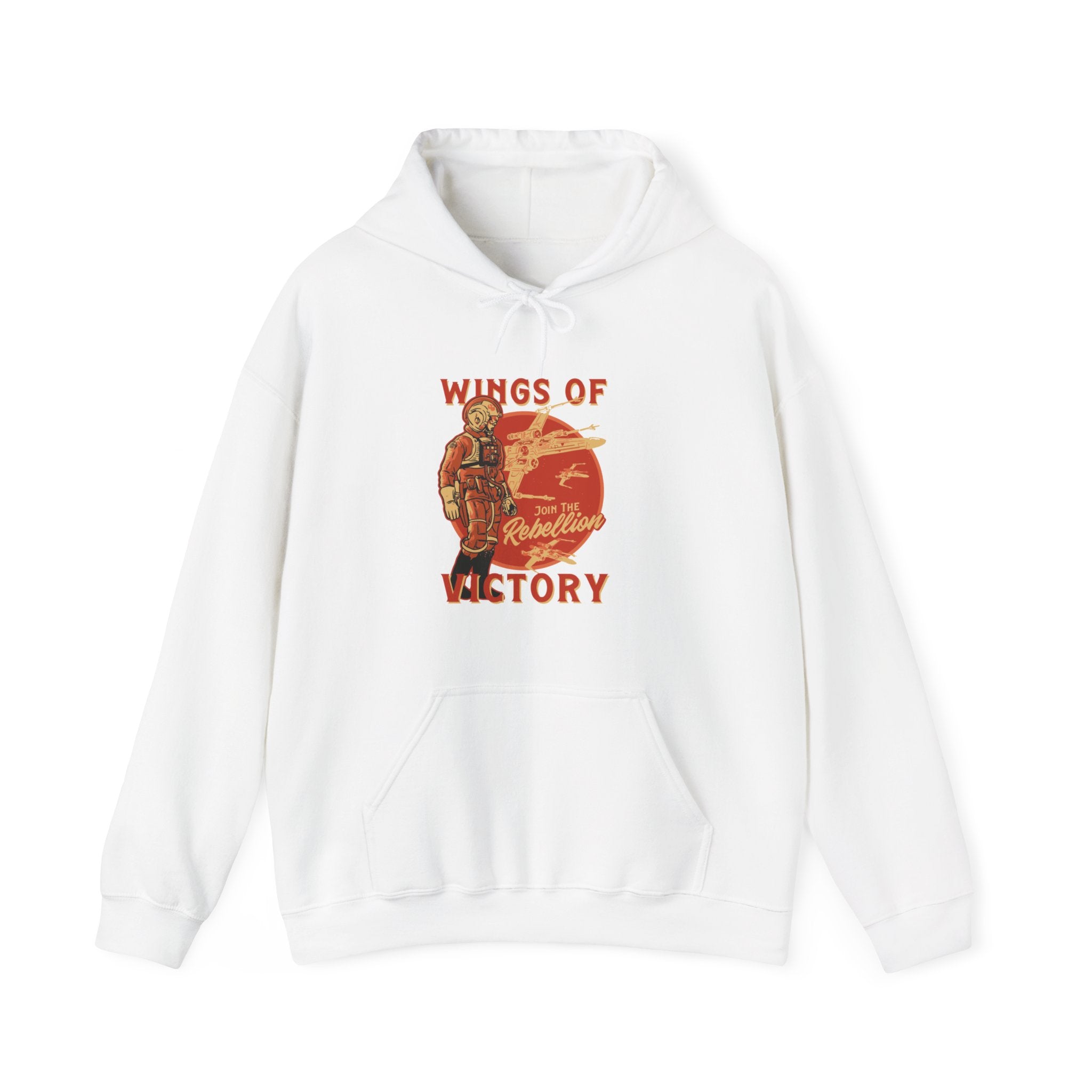A fashionable white Wings of Victory - Hooded Sweatshirt featuring a graphic of a person in tactical gear, the text "WINGS OF VICTORY" and "Rebellion," with an aircraft soaring in the background.