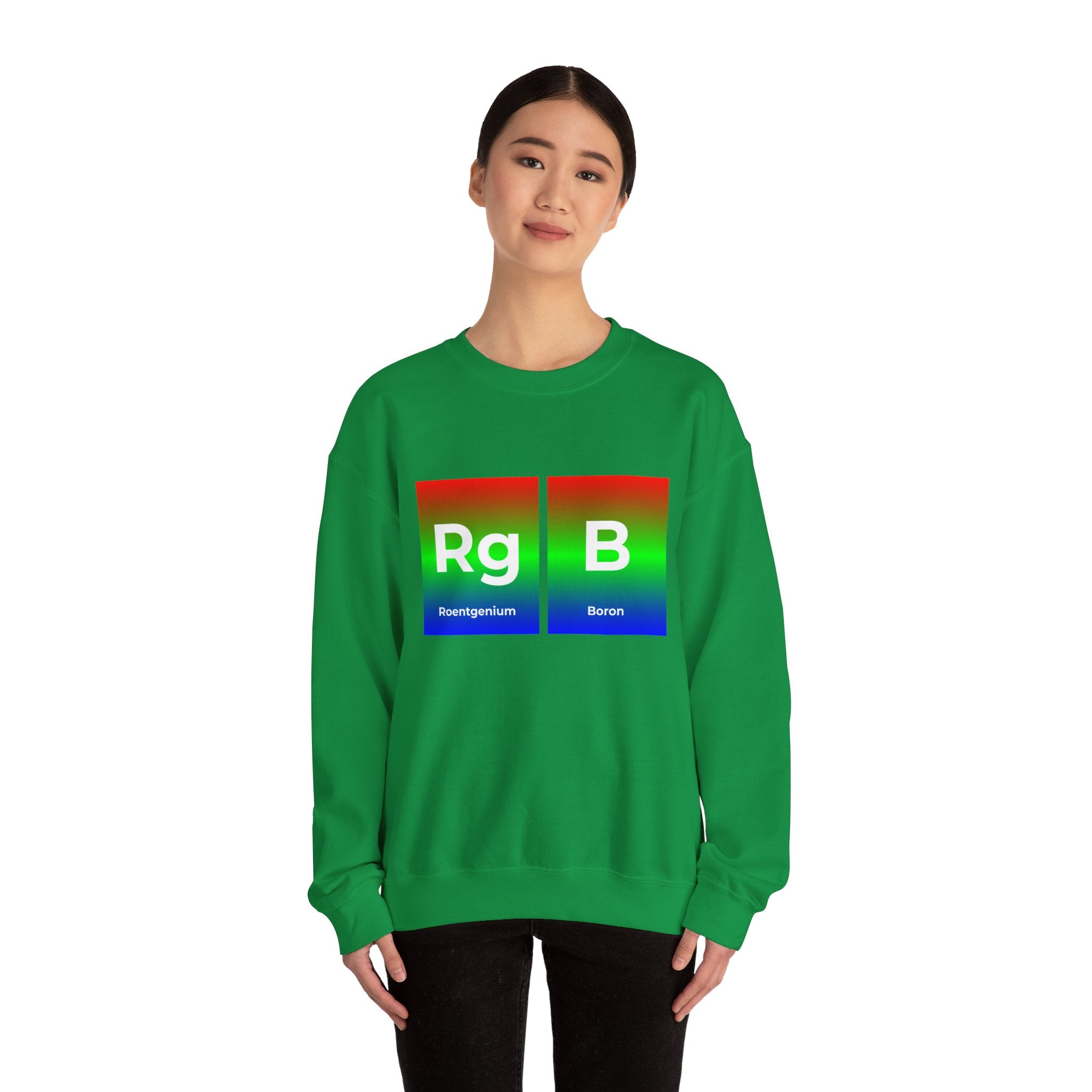 Woman wearing a cozy, stylish green RG-B - Sweatshirt, featuring stylized periodic table elements for Roentgenium (Rg) and Boron (B) on the front.