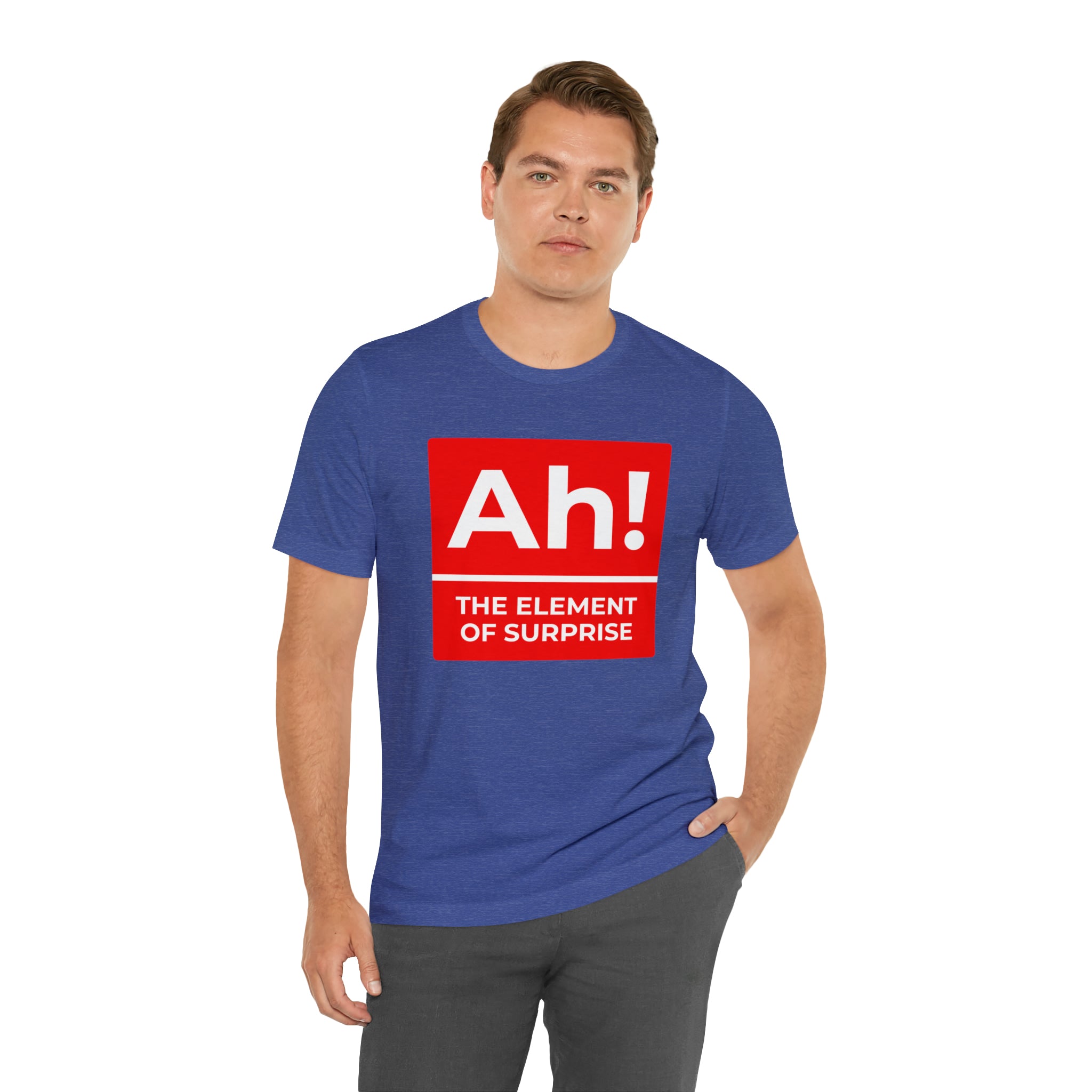 A man wearing an Ah! the Element of Surprise T-shirt represents a science enthusiast.