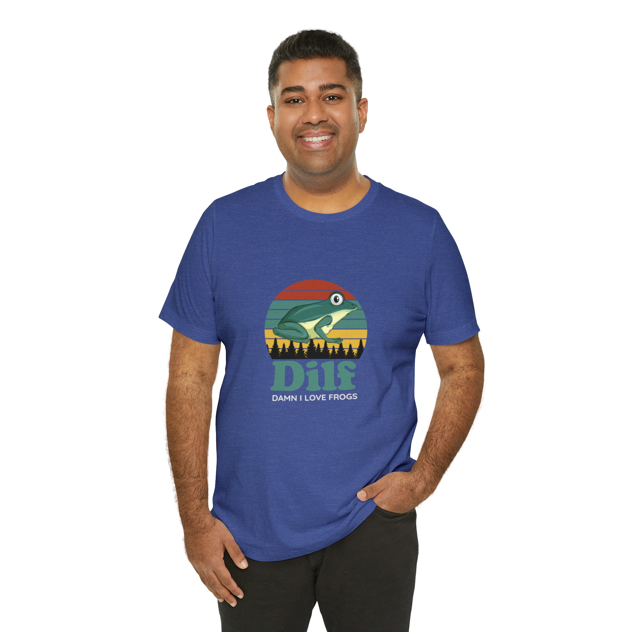 A man wearing a blue DILF T-Shirt from Printify.