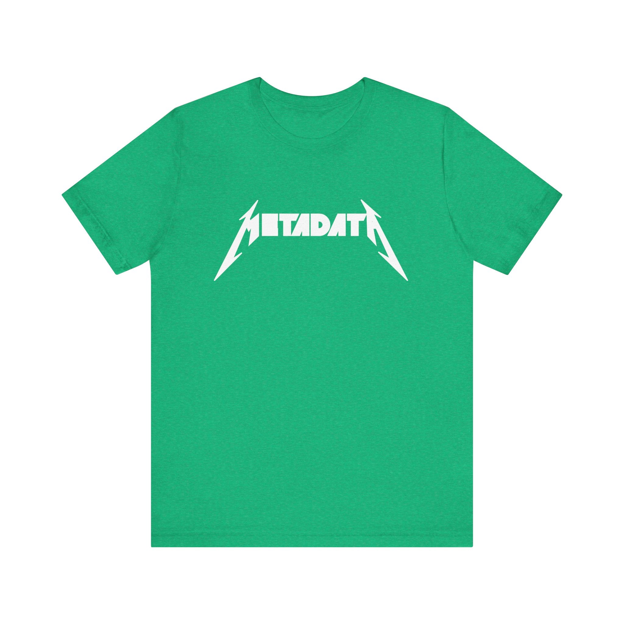 The Metadata - T-Shirt, designed in green and made from soft Airlume combed cotton, showcases the word "METADATA" on the front in a white, stylized font.