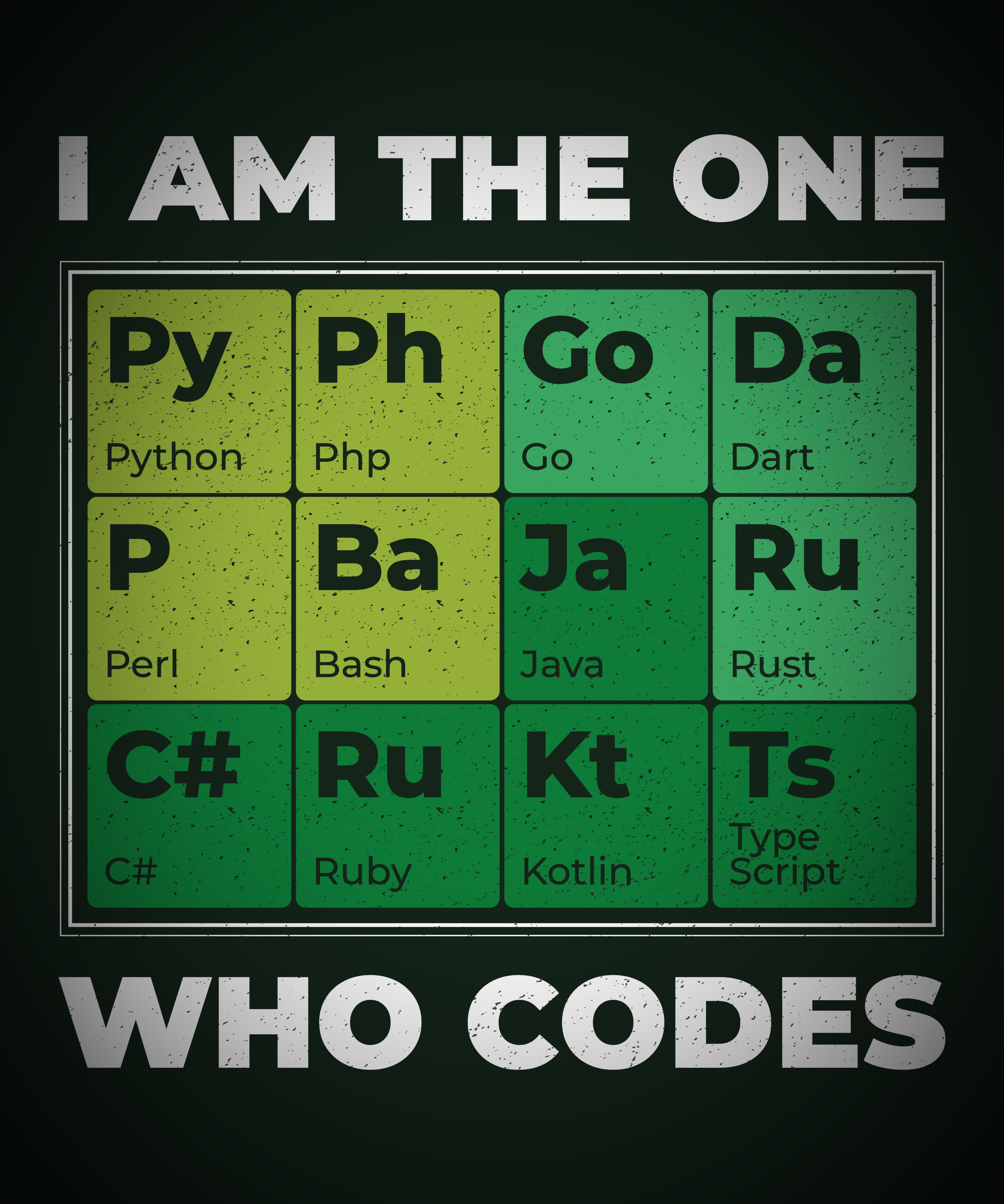 A I am the one who codes T-Shirt featuring a graphic with a periodic table theme displaying programming languages, captioned with "i am the one who codes".