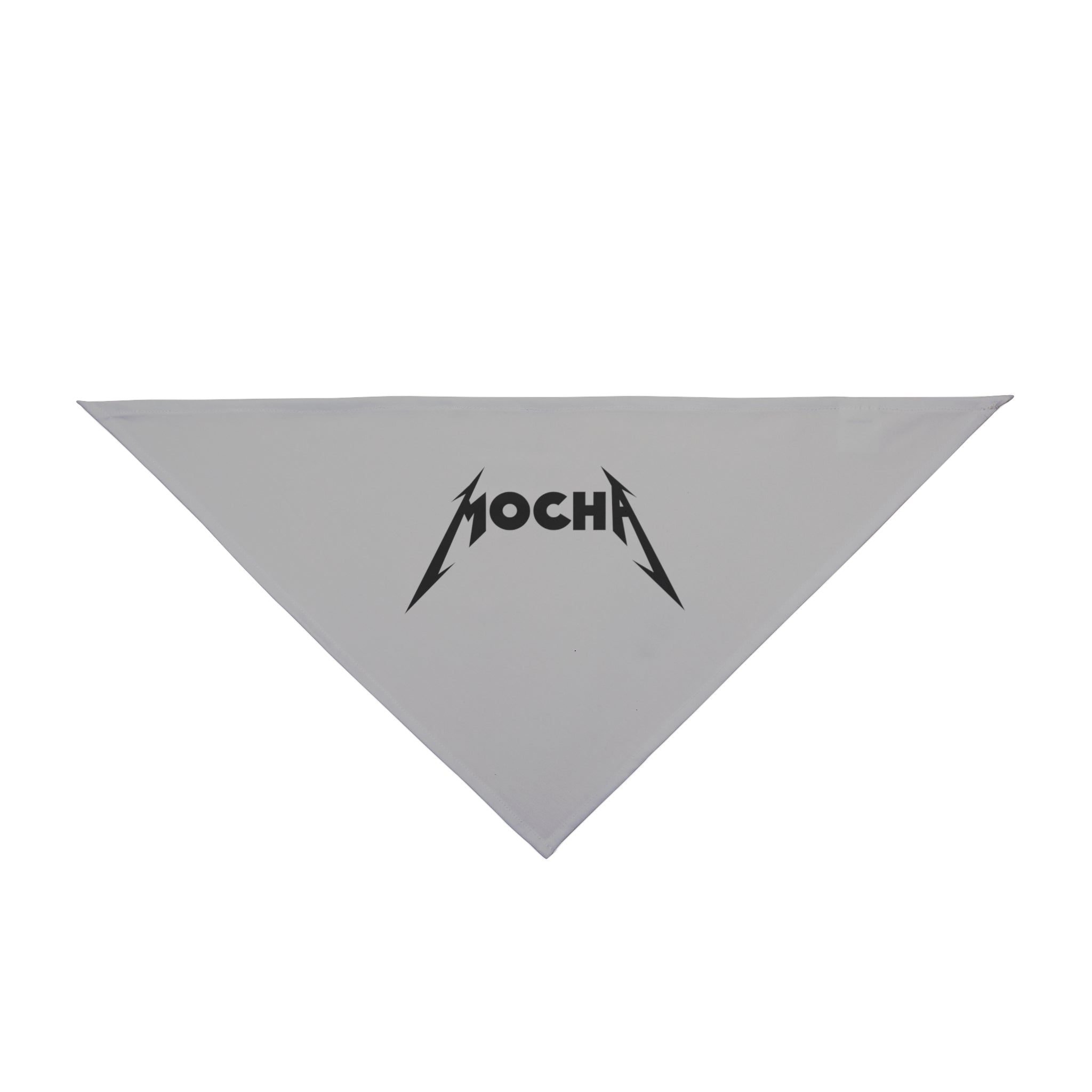 A triangular white Mocha - Pet Bandana design made from soft-spun polyester, featuring the word "MOCHA" printed in black at the center with sharp edges reminiscent of a heavy metal band logo, perfect as a pet accessory.