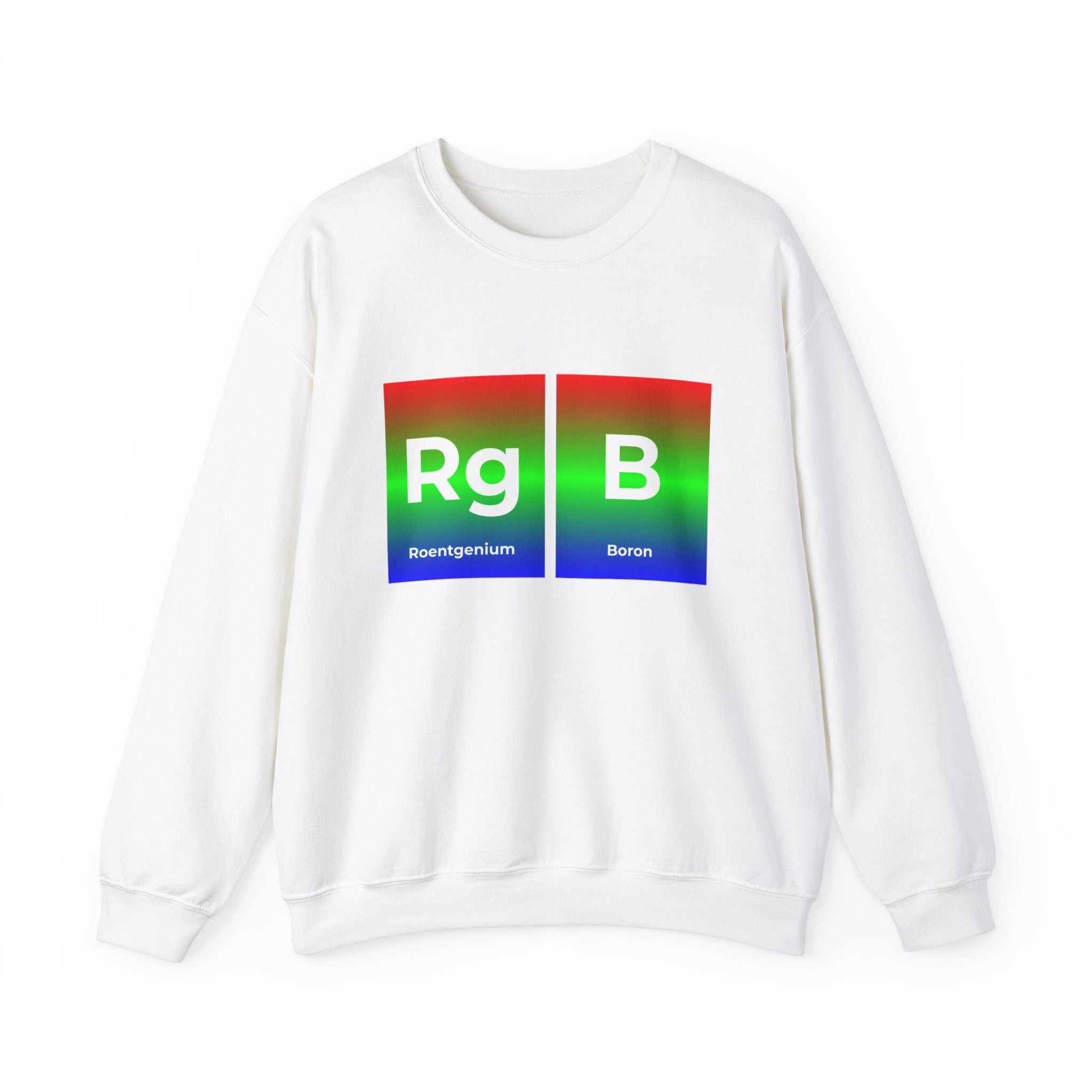 This stylish RG-B - Sweatshirt features a graphic of two color-coded periodic table elements, Roentgenium (Rg) and Boron (B), each displayed in a red, green, and blue gradient background. Perfect for comfort lovers, this cozy piece seamlessly combines fashion and science.
