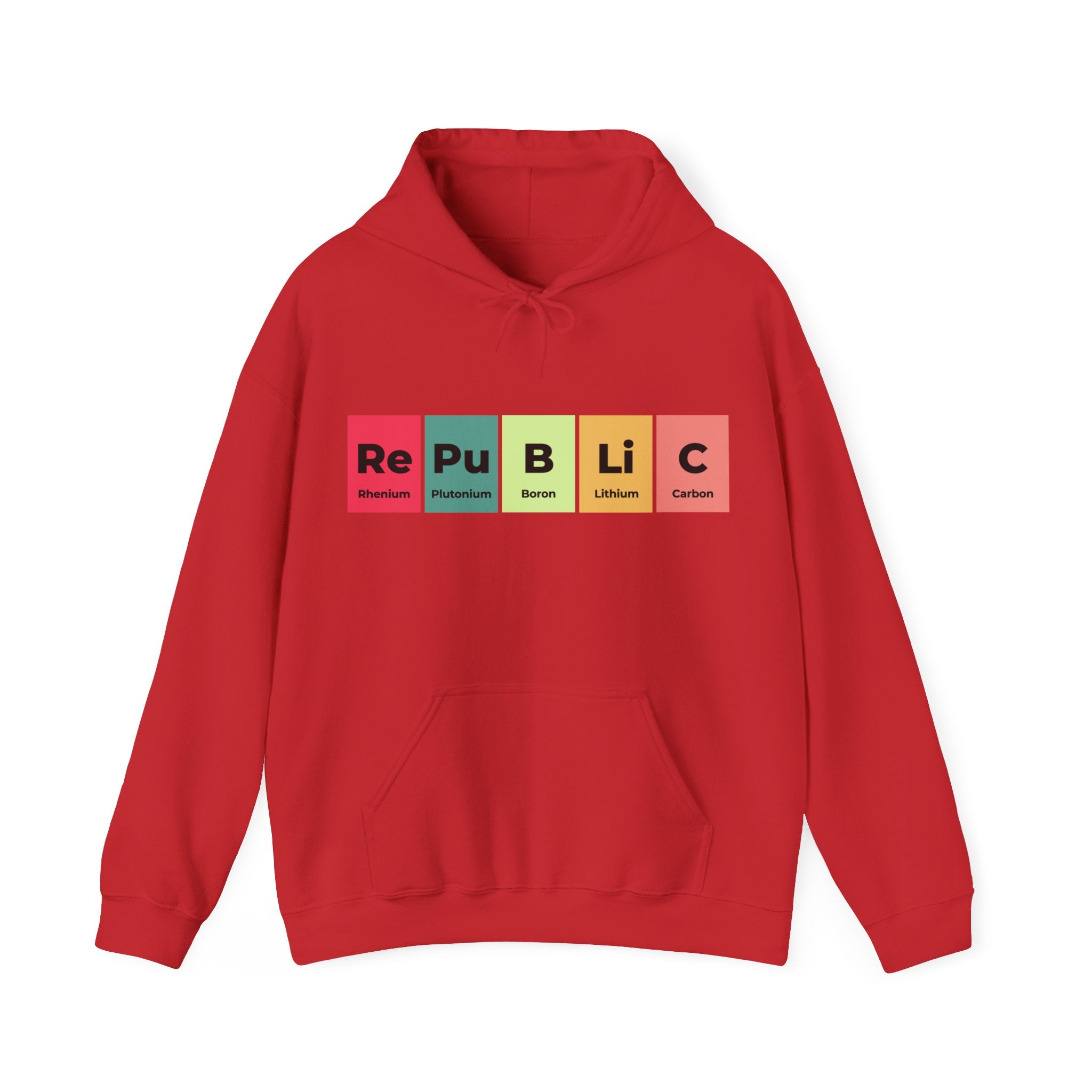 Red hooded sweatshirt with a design mimicking the periodic table of elements, spelling "Republic" using the symbols for Rhenium, Plutonium, Boron, Lithium, and Carbon. Show your patriotic pride with this stylish piece from Republic designs. Get your very own Republic - Hooded Sweatshirt today!