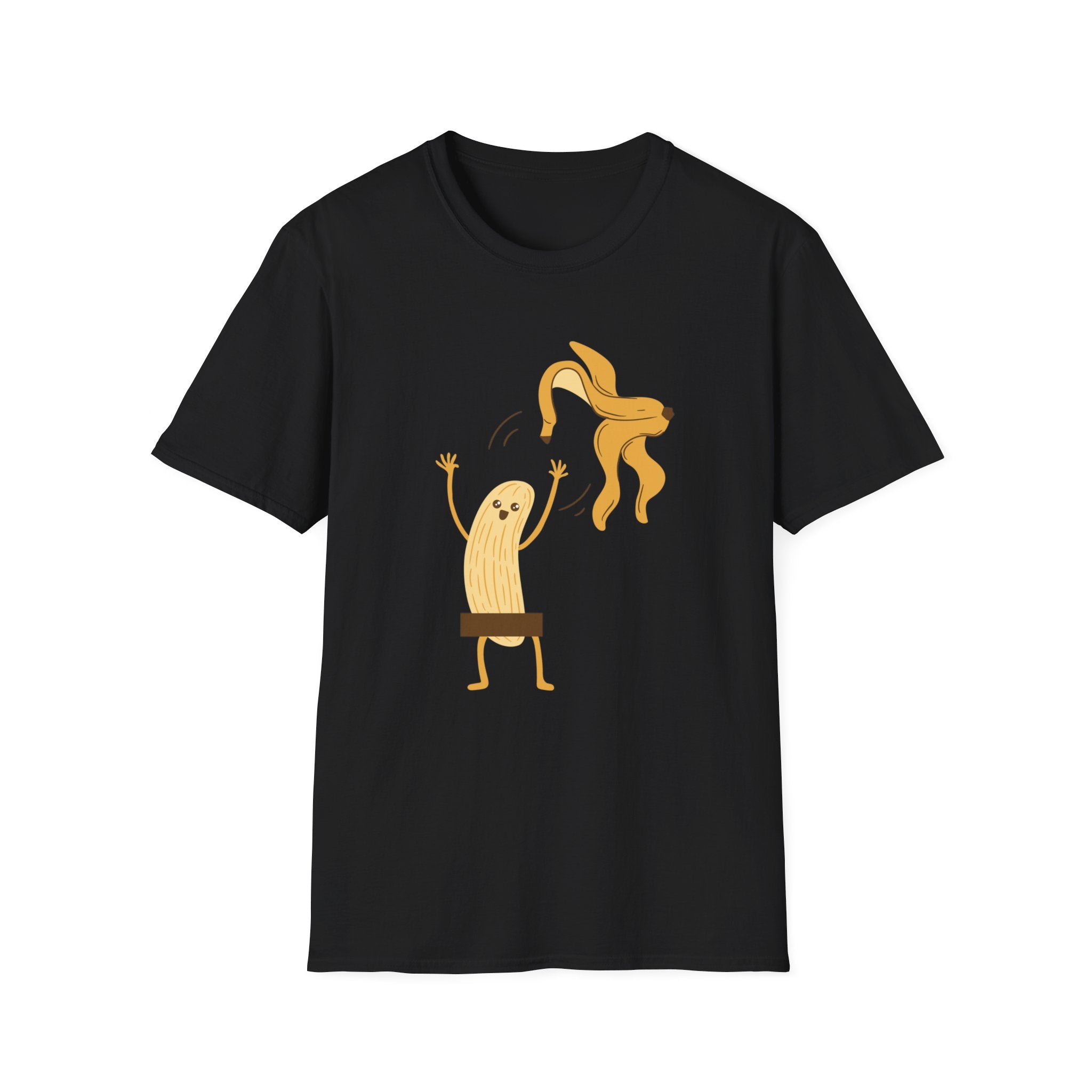 The Naked Banana T-Shirt features a black design with a playful cartoon of a peeled banana, complete with a face and arms, humorously lifting its peel above its head. It's an ideal choice for fans of quirky banana-themed humor.