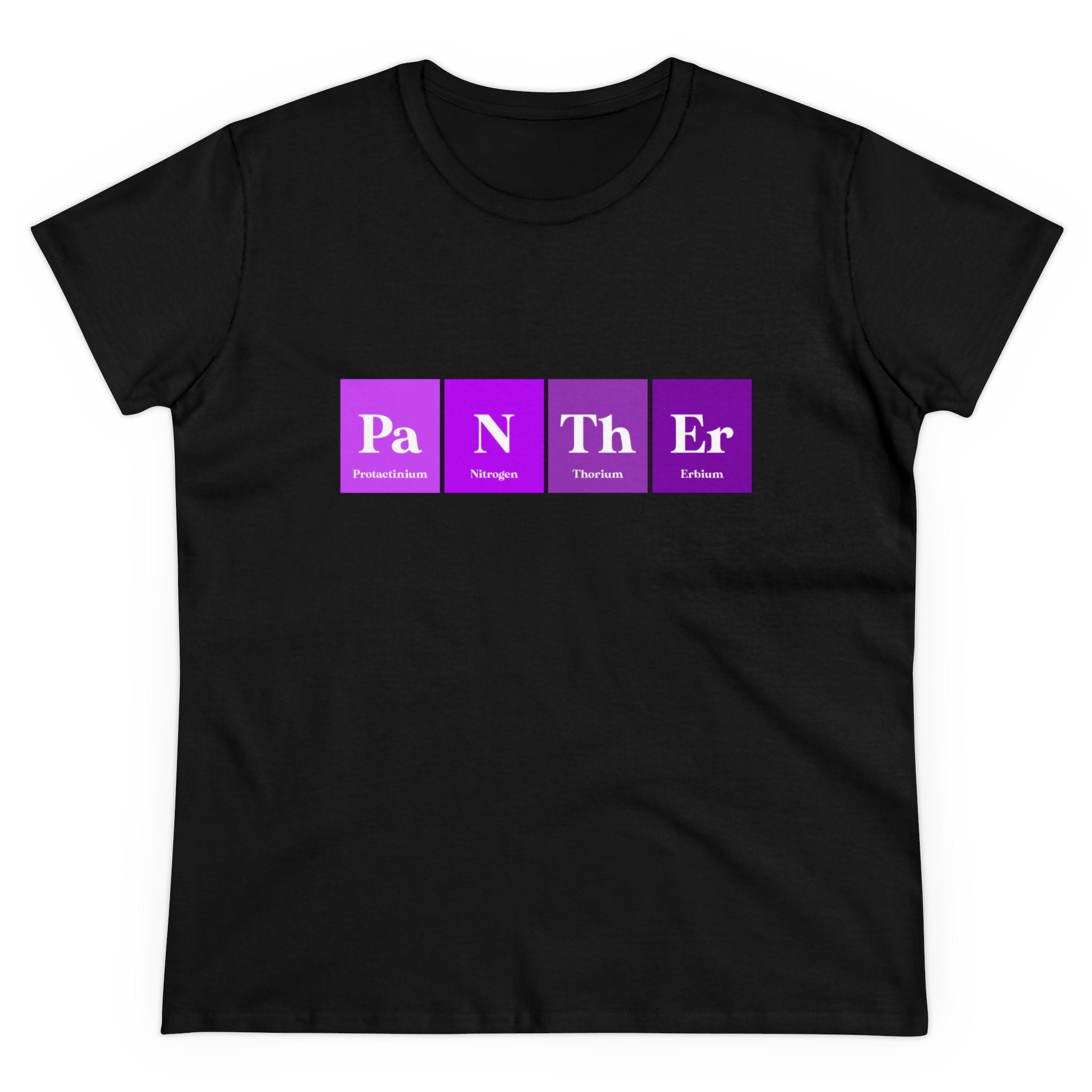 Pa-N-Th-Er - Women's Tee: Black T-shirt featuring the word "Panther" spelled out using symbols from the periodic table: Protactinium (Pa), Nitrogen (N), Thorium (Th), and Erbium (Er). This cotton Women's Tee combines Pa-N-Th-Er designs with ultimate comfort.