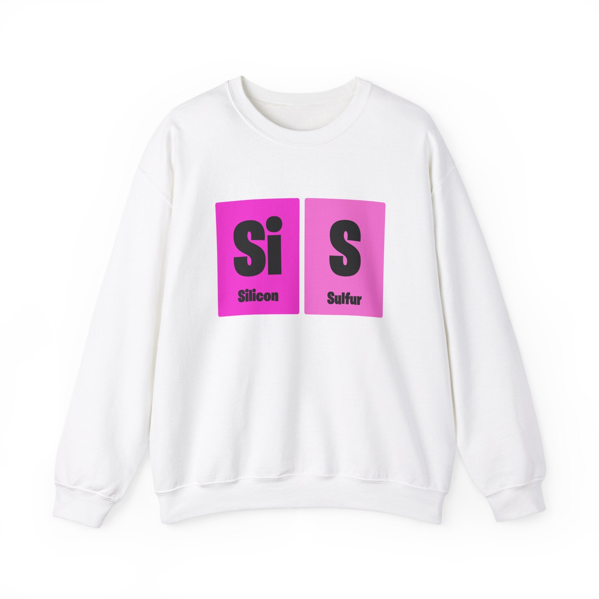 White sweatshirt with a fashionable design featuring two periodic table elements, Silicon (Si) and Sulfur (S), displayed in pink rectangles across the chest, reminiscent of a stylish Si-S Light Pendant - Sweatshirt.
