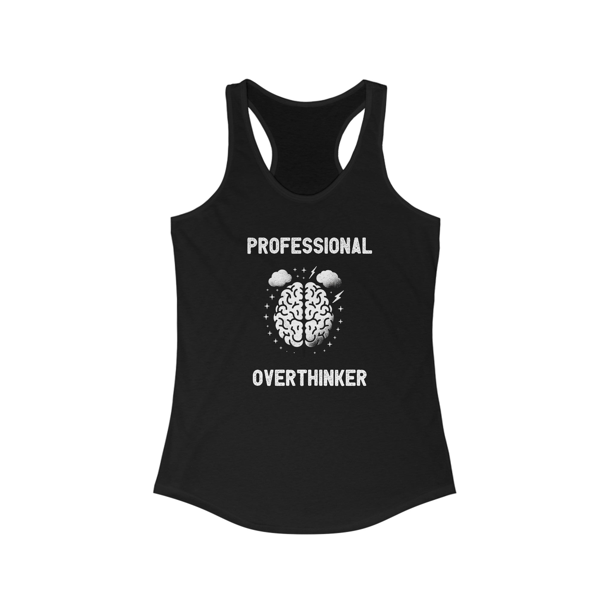 Professional Overthinker - Women's Racerback Tank in black with the "Professional Overthinker" design, featuring text above and below an illustration of a brain with gears and bolts. Perfect for an active lifestyle.
