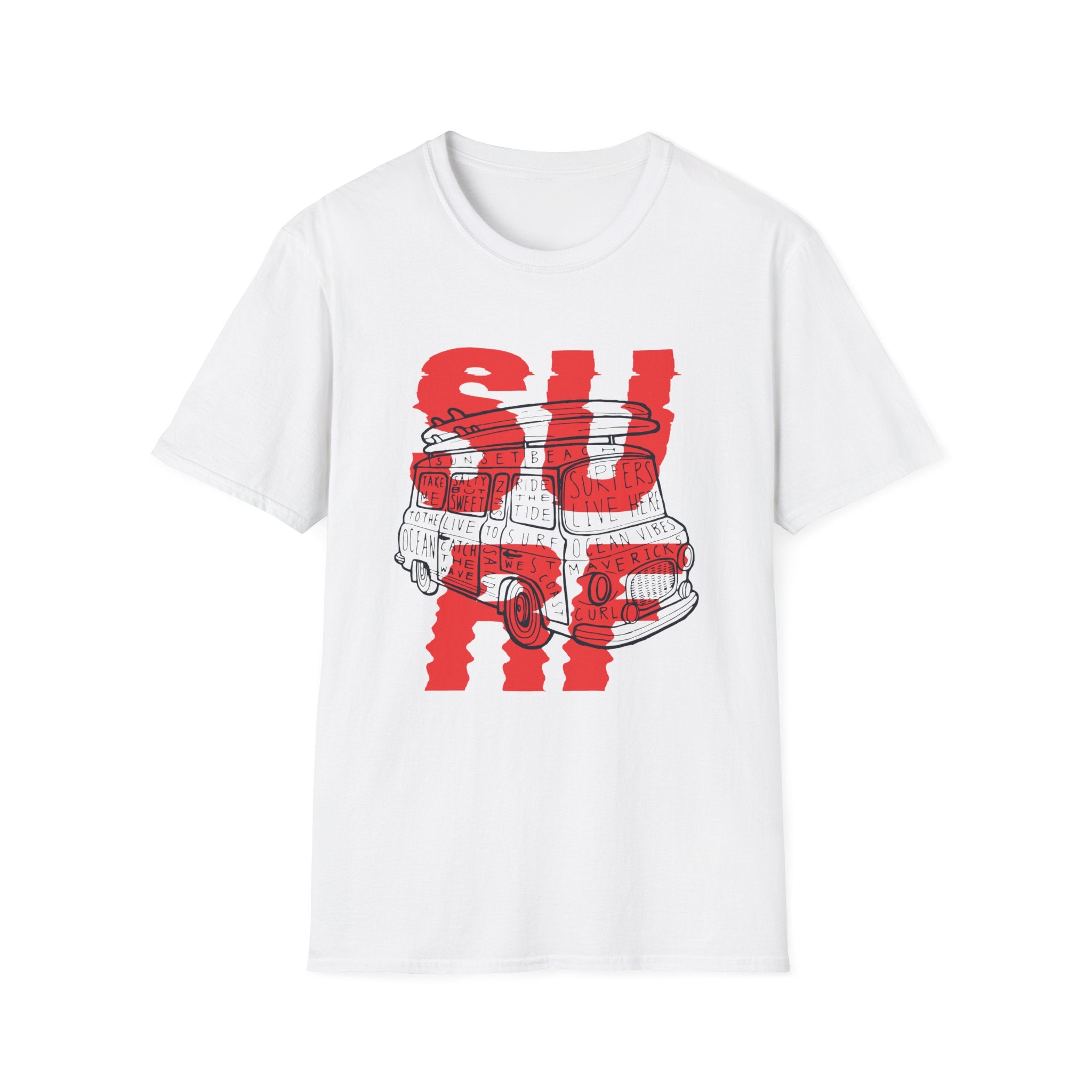 Explore the ideal beach look with our Surf Van T-Shirt, showcasing a dynamic red and black design of a van accompanied by the word "SUMMER" in eye-catching block letters.