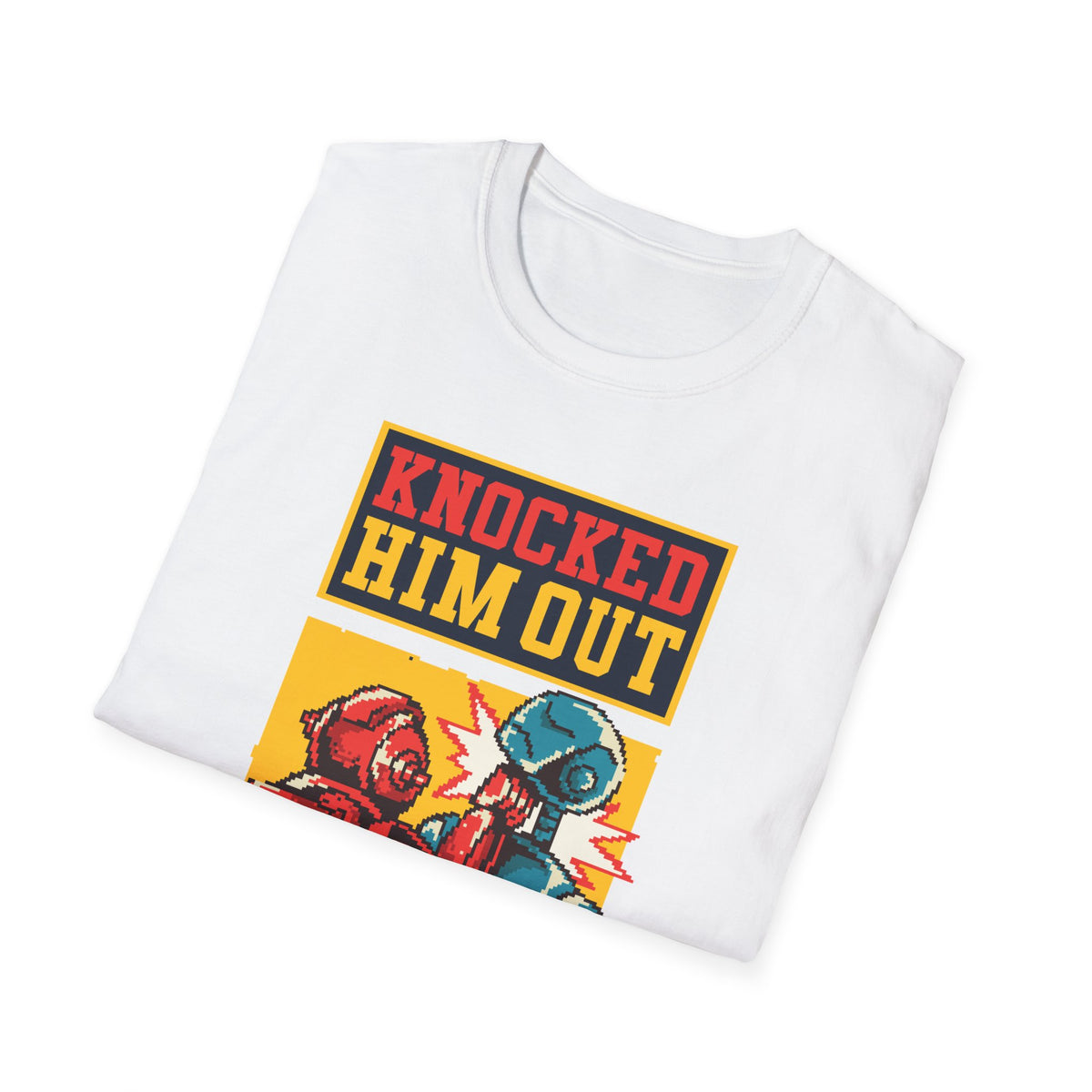"Knocked Him Out" robot boxing t-shirt in white, folded flat lay showing print, funny gift for gamers