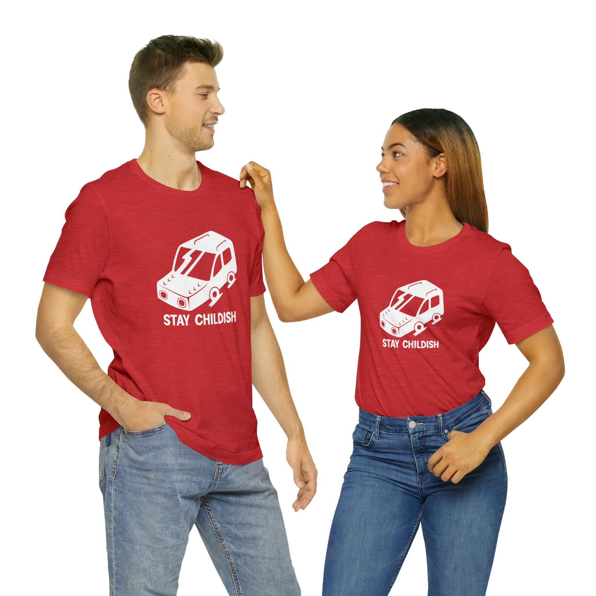 A man and woman, young at heart, standing next to each other wearing vibrant red Stay Childish T-Shirts.
