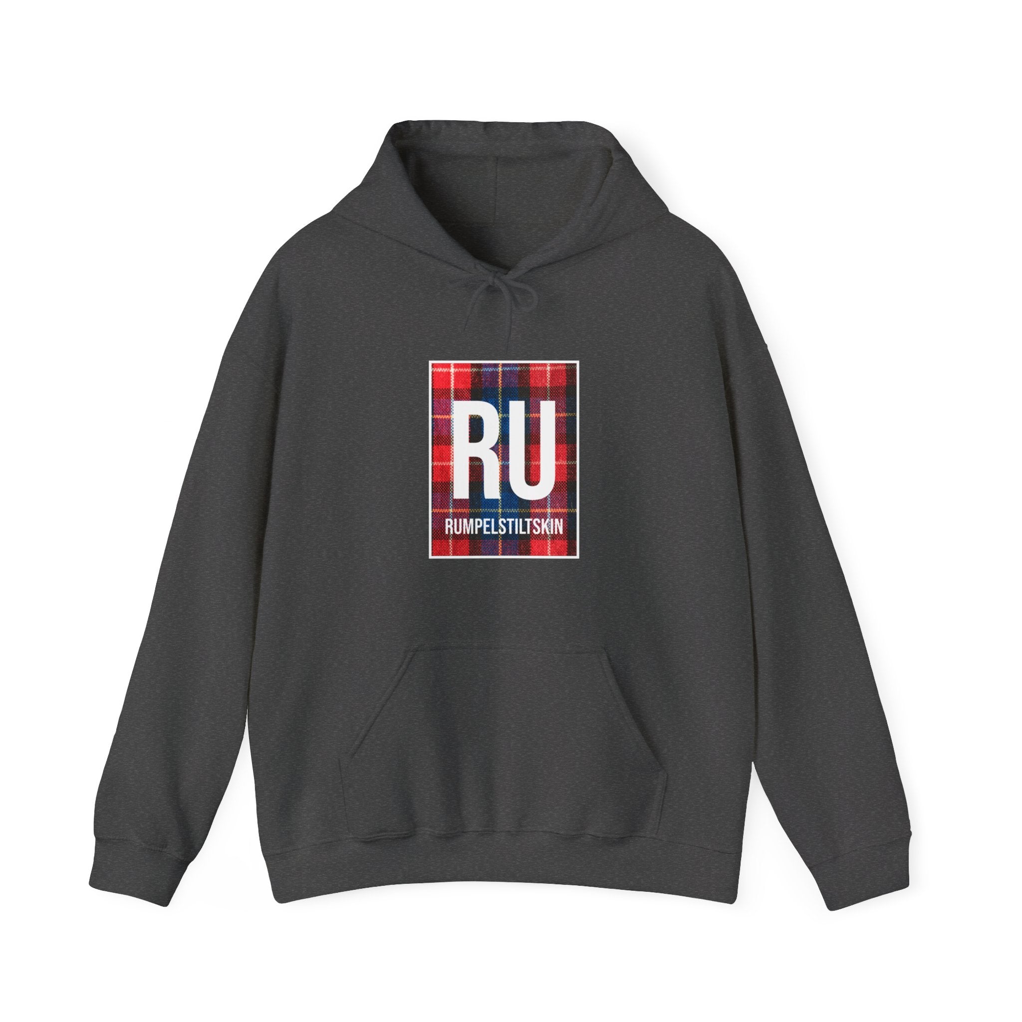 Black RU - Hooded Sweatshirt with a front pocket, featuring a stylish "Rumpelstiltskin" plaid graphic on the chest. Designed for ultimate comfort and effortless style.