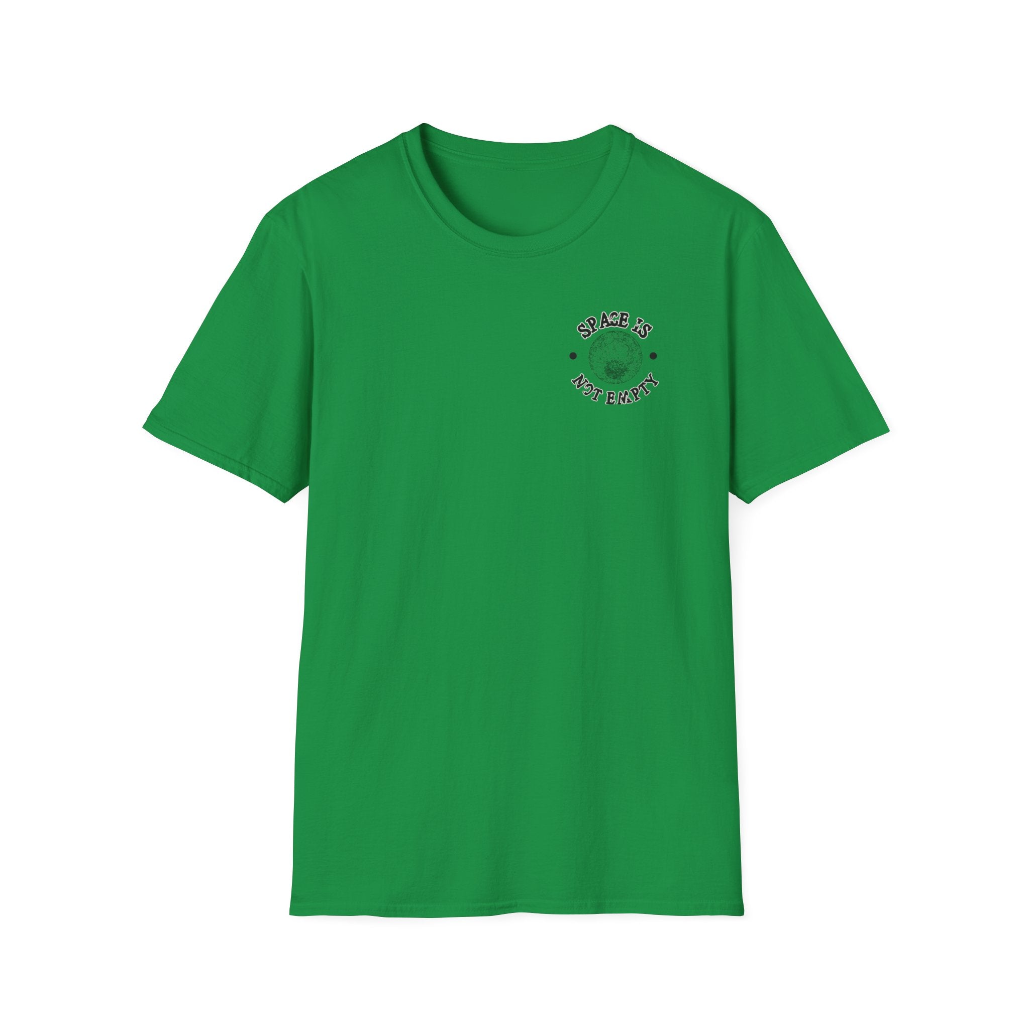 Presenting the Apollo Command & Service Module T-Shirt: A green tee adorned with the phrase "SPACE IS NOT EMPTY" and three small stars on the upper front, paying homage to the iconic Apollo space program.