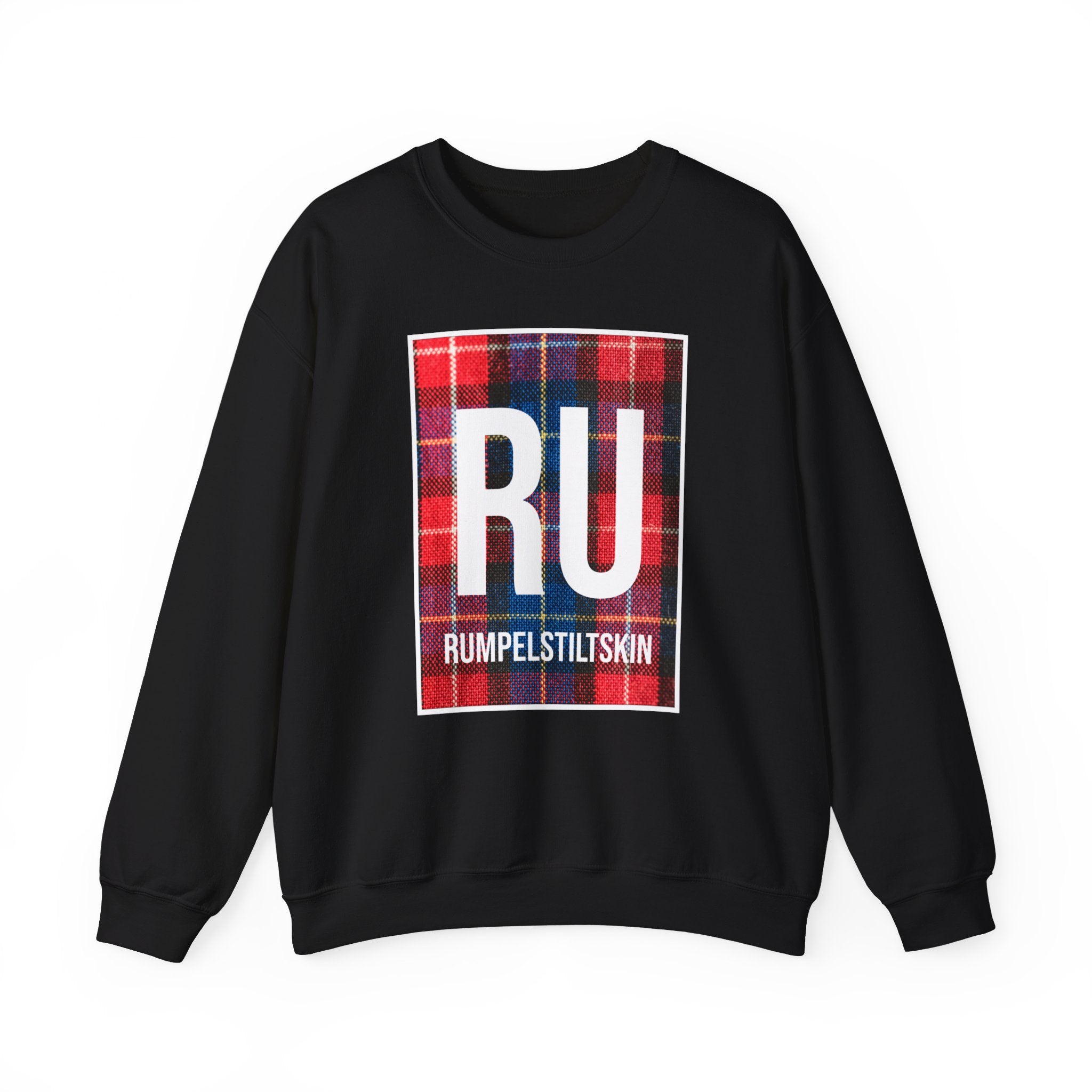 Black RU - Sweatshirt with a large front graphic displaying the text "RU RUMPELSTILTSKIN" over a colorful plaid background, perfect for cozy colder months.