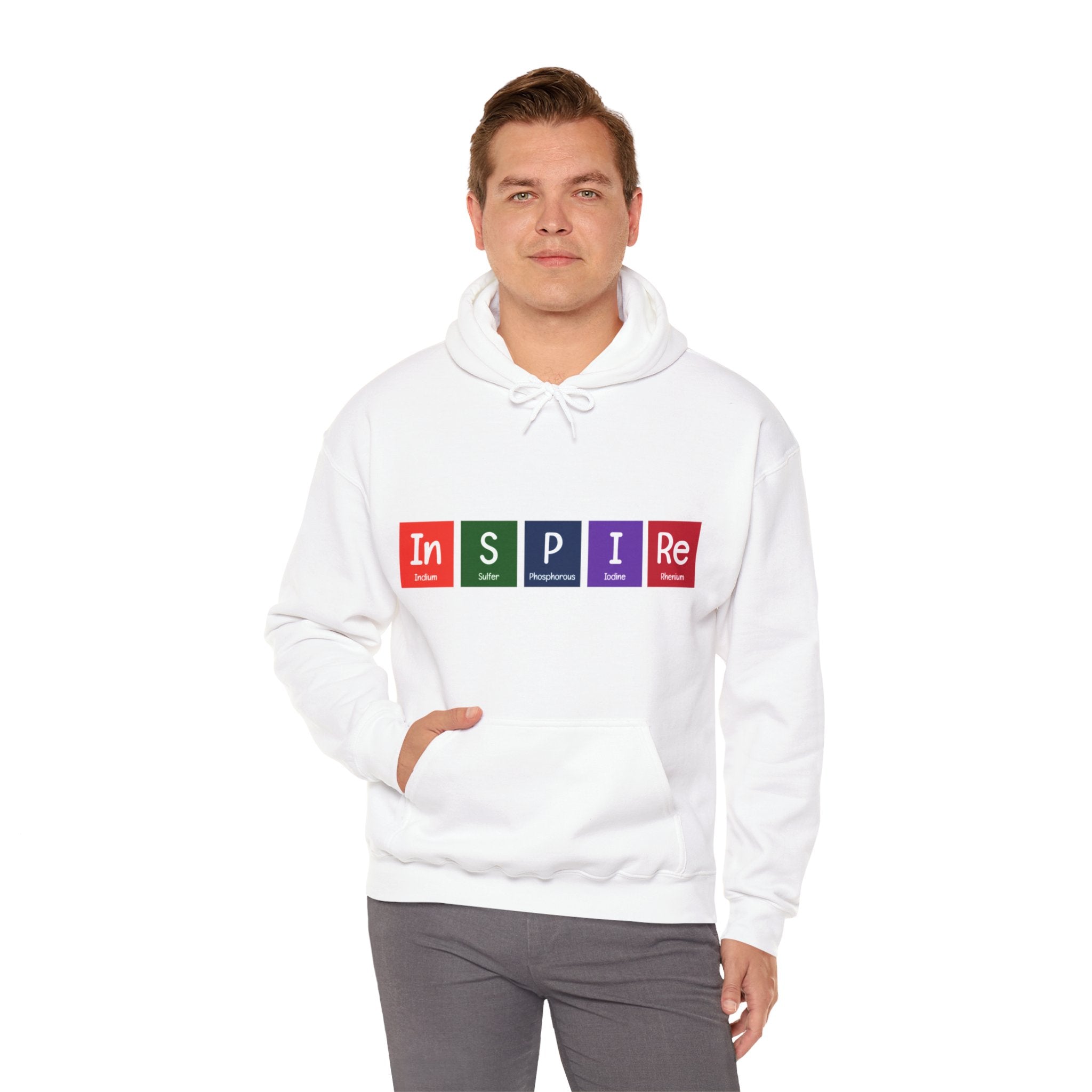 A person wearing an In-S-P-I-Re - Hooded Sweatshirt in soft, breathable cotton, with "INSPIRE" spelled out using element symbols and colors, stands against a plain background. Perfect for daily wear.