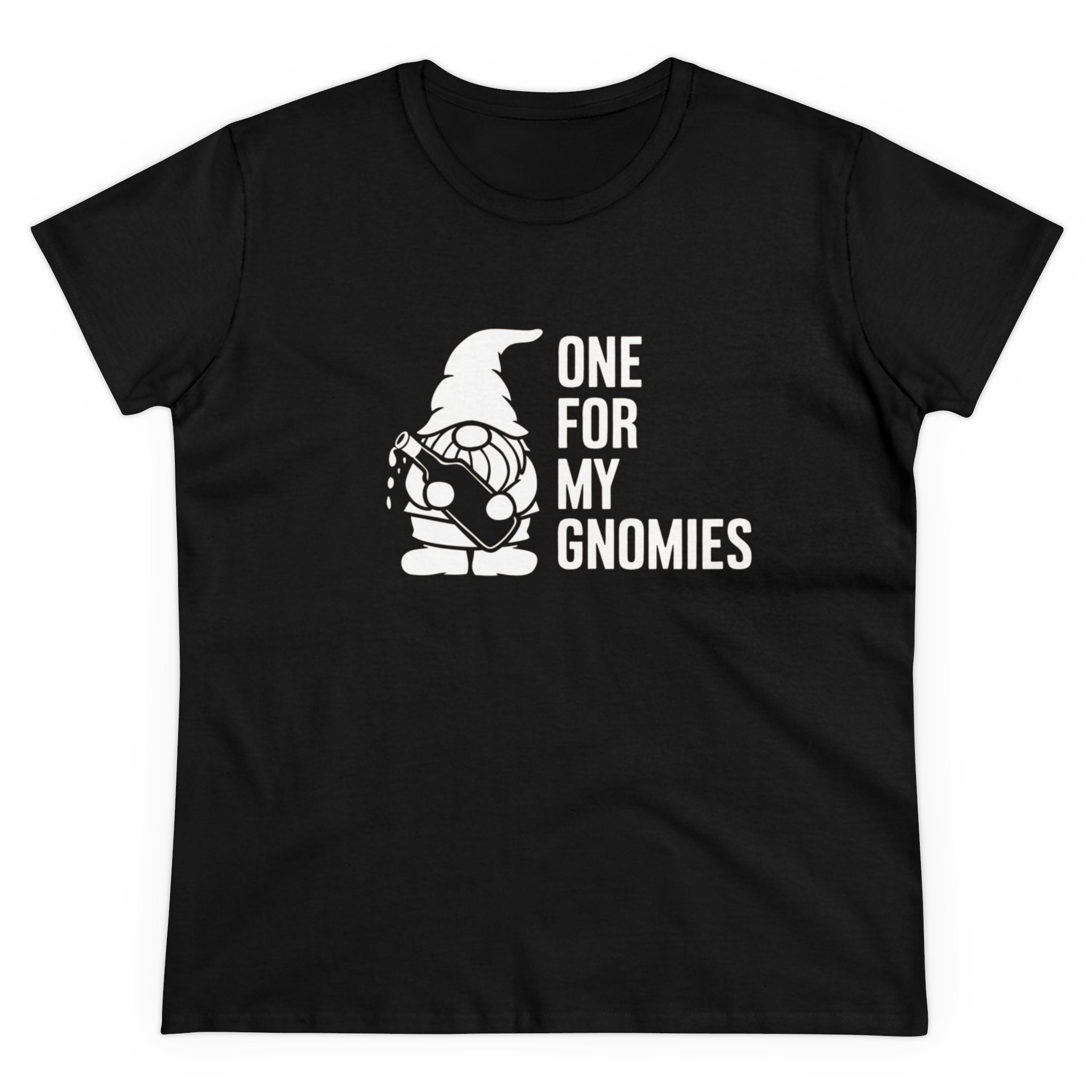 This black One For My Gnomies - Women's Tee features a cartoon gnome holding a beer mug. Made from soft pre-shrunk cotton, it ensures lasting wear and comfort.