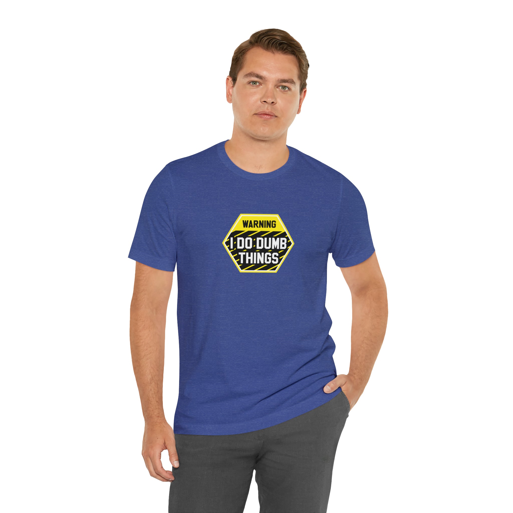 A man wearing a "Warning - I do dumb things" T-Shirt by Printify with a yellow stop sign on it.