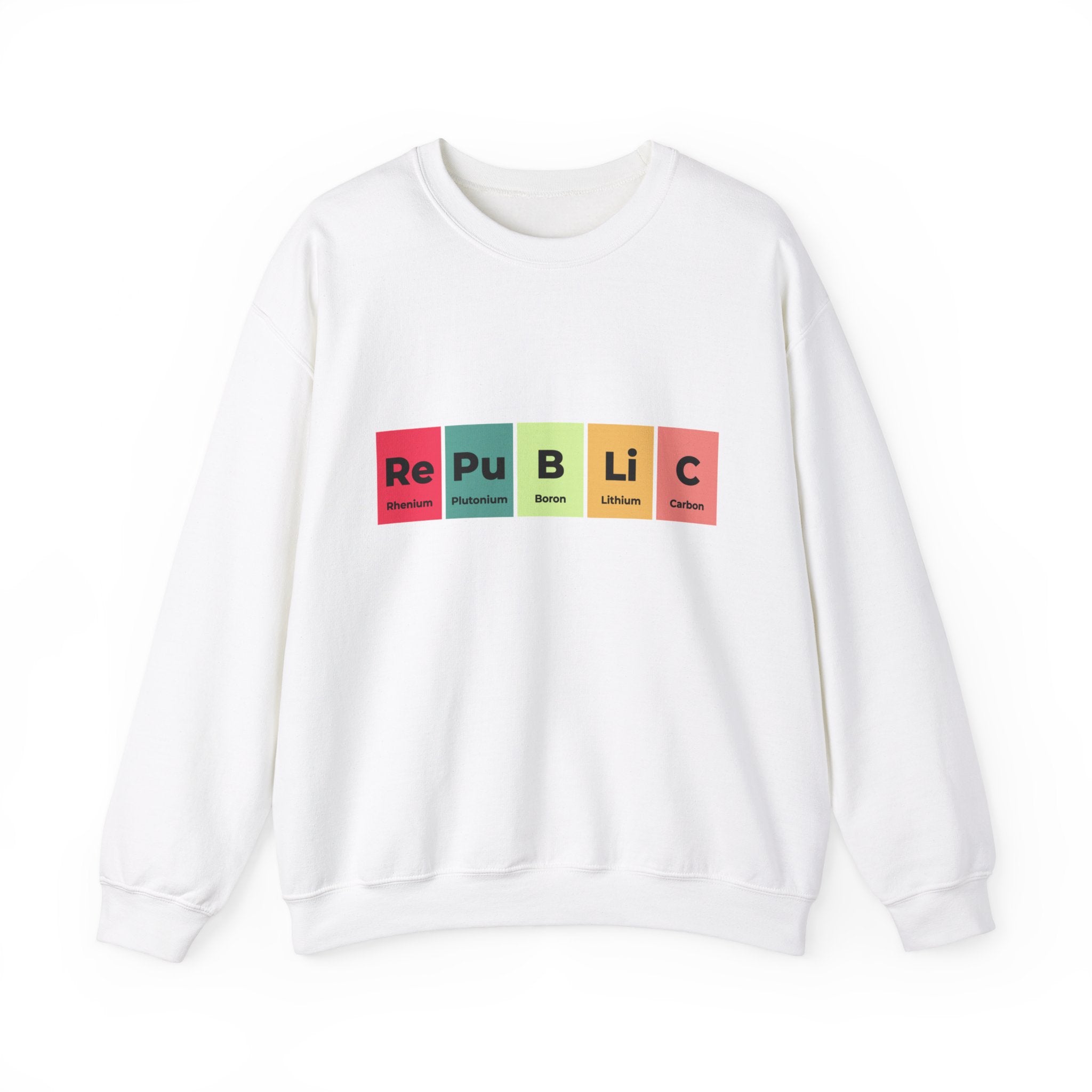 Cozy white Republic - Sweatshirt featuring text "Republic" stylized with elements from the periodic table: Rhenium, Plutonium, Barium, Lithium, and Carbon, each in a different color box—perfect for winter wear.