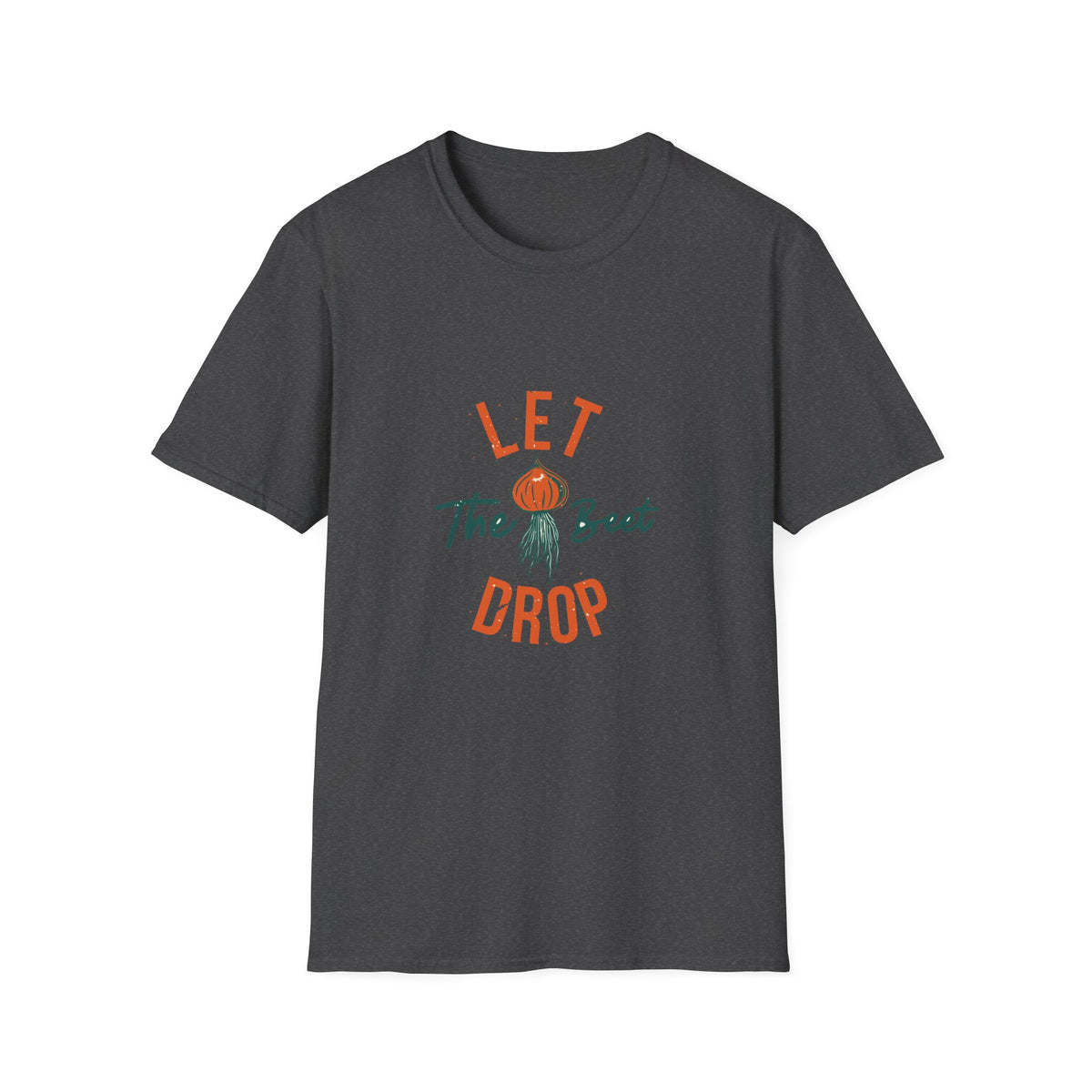 'Let the Beet Drop' funny beet pun t-shirt in dark heather grey, gift for vegetable lovers