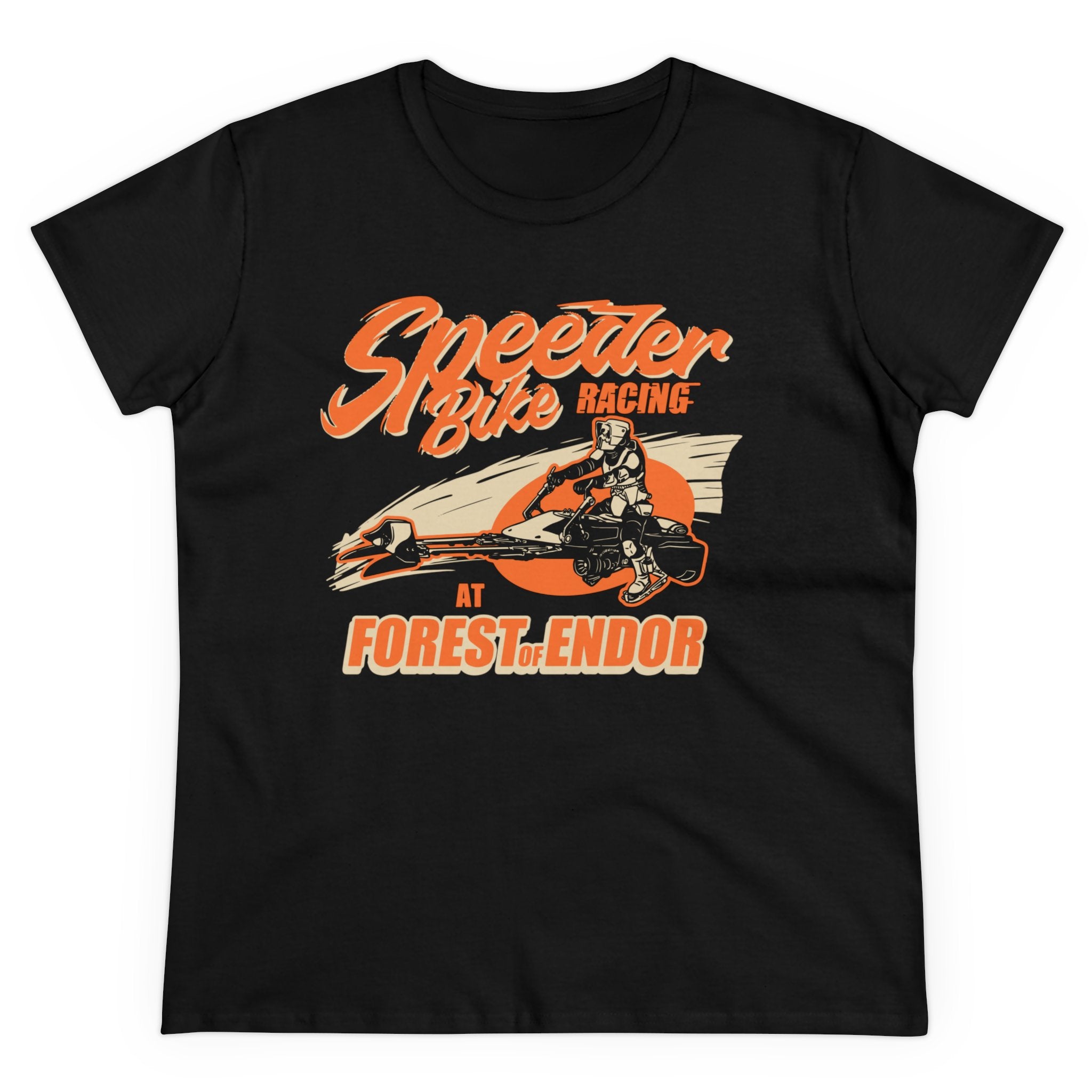 Speeder Bike Racing - Women's Tee in black, featuring a design with a speeder bike rider and the text "Speeder Bike Racing at Forest of Endor" in orange and beige colors, crafted from pre-shrunk cotton for lasting comfort.