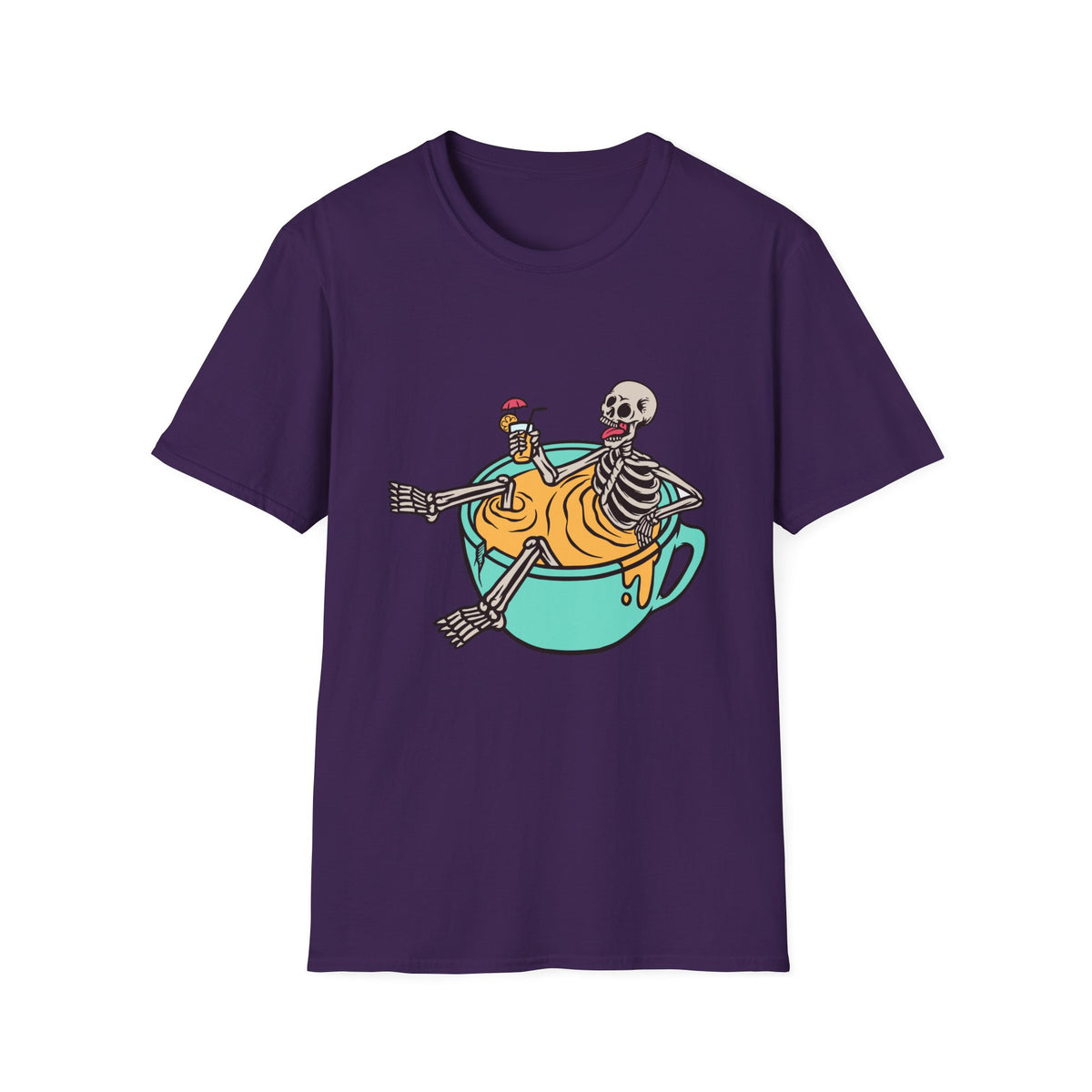 'Relaxing Skull' skeletons in a teacup t-shirt in deep purple, front print visible, funny coffee lover tee